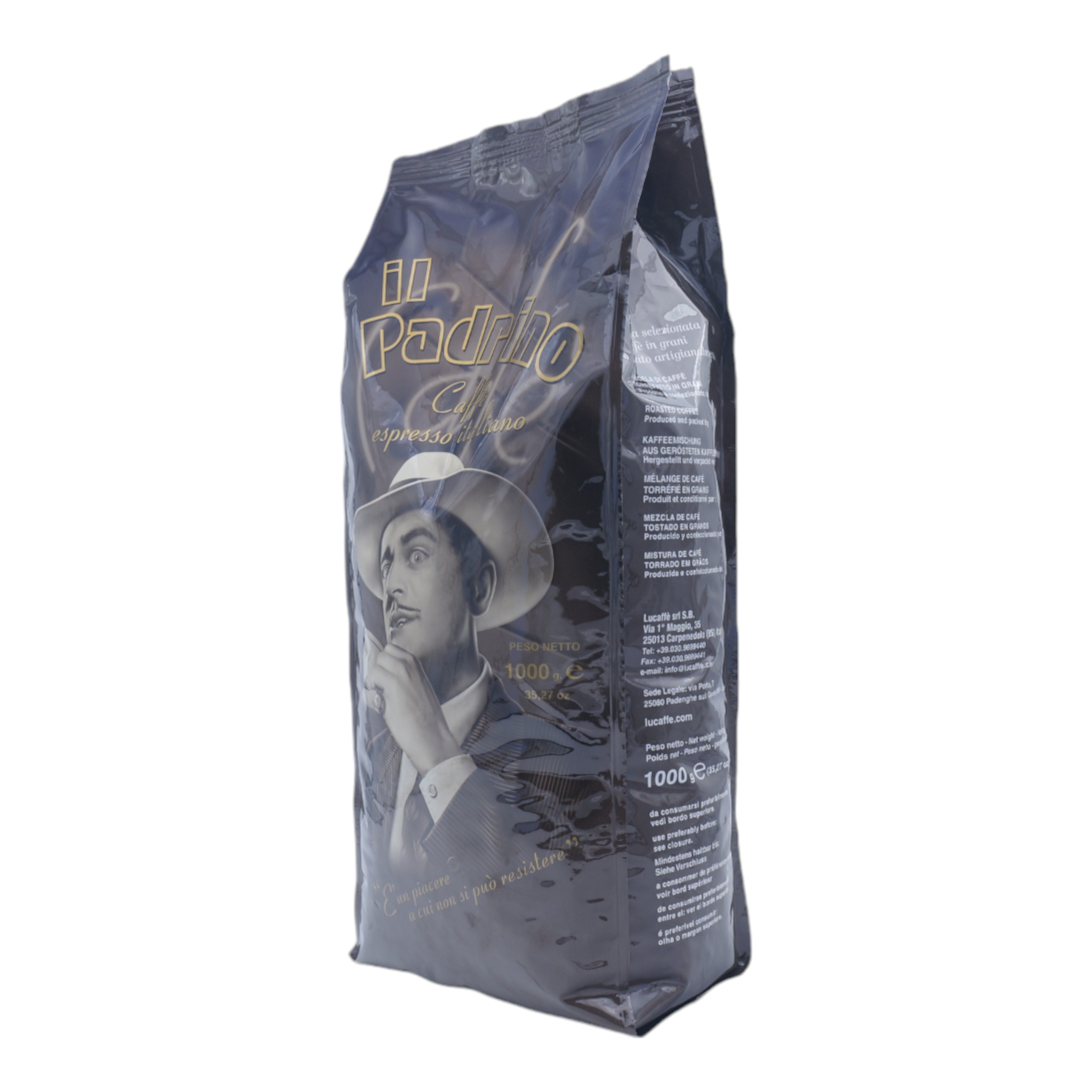 Sacchetto di chicchi di caffè con il ritratto di un uomo e testo italiano.
