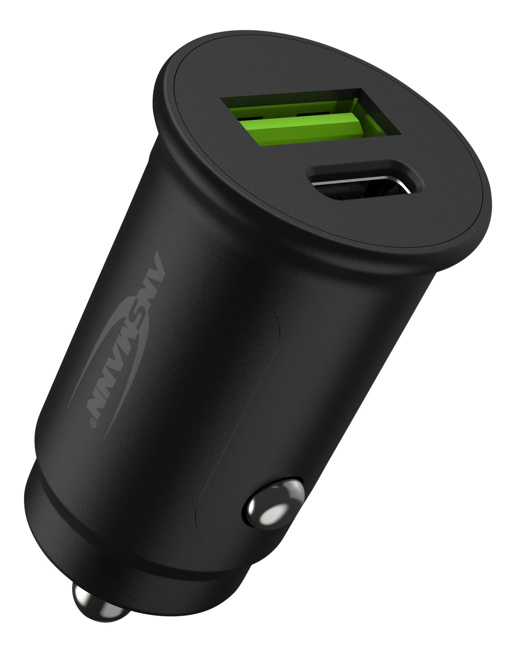 Caricabatteria per auto nero con porta USB-C e porta verde, isolato su sfondo bianco.
