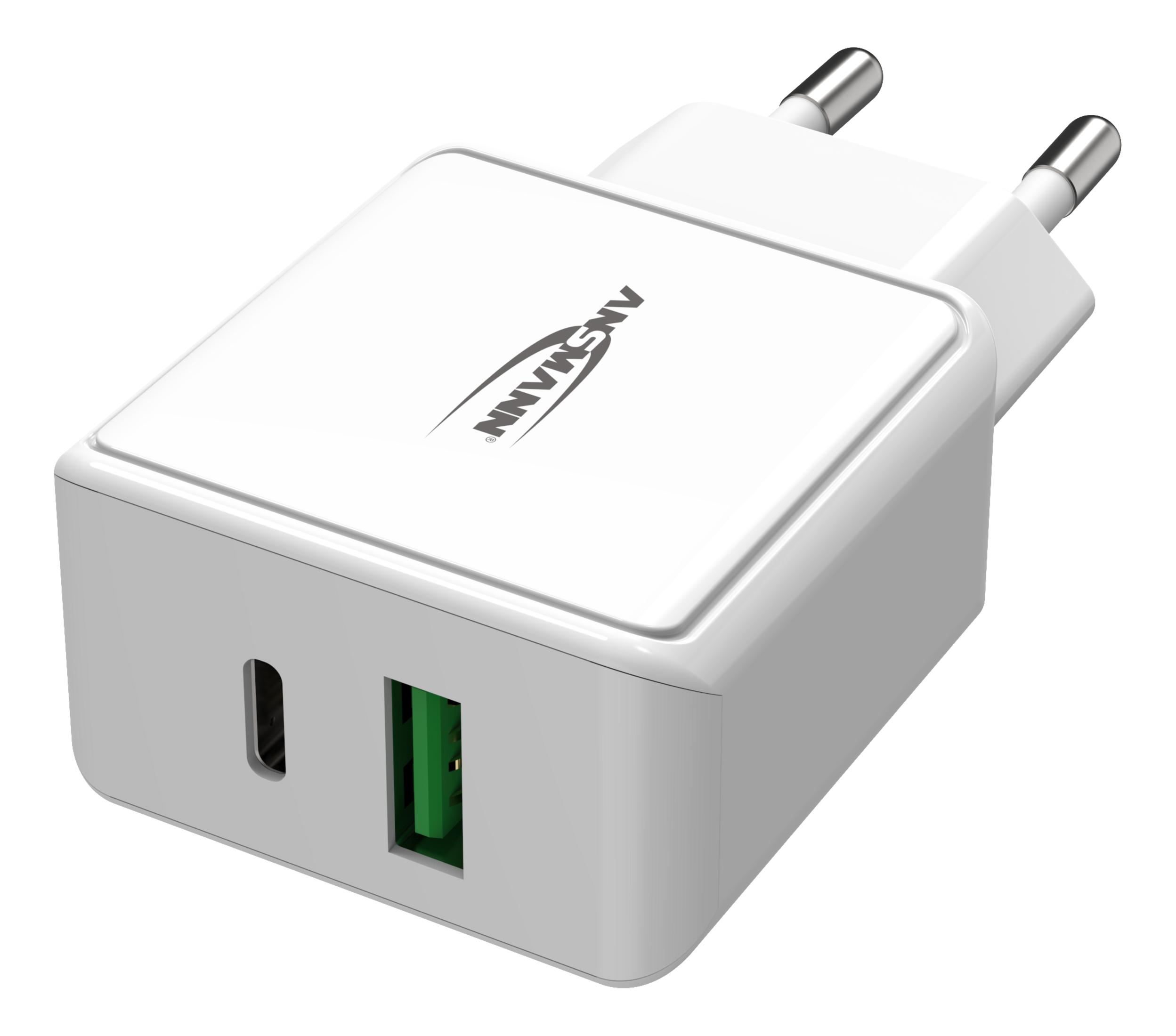 Caricatore bianco con due spine e porte USB-C e USB-A, logo ANSMANN.