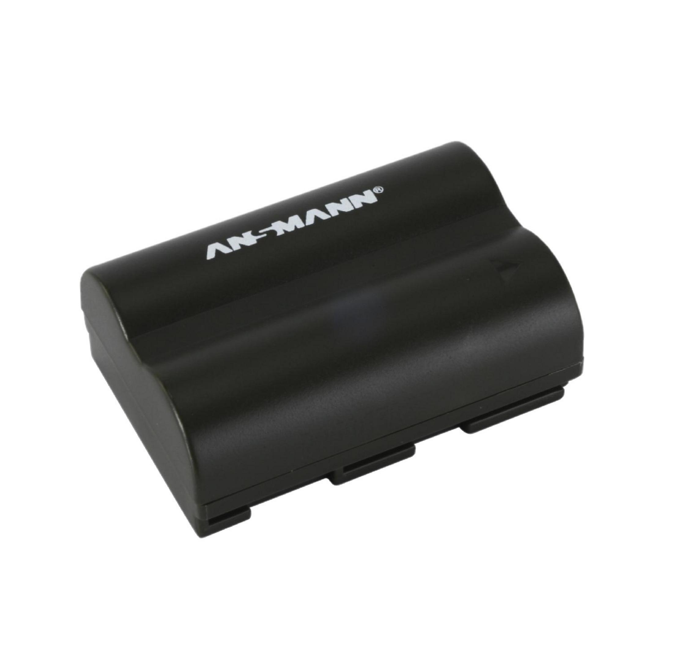 Ein schwarzer Ansmann Akku für eine Kamera oder einen Camcorder, mit Markennamen.