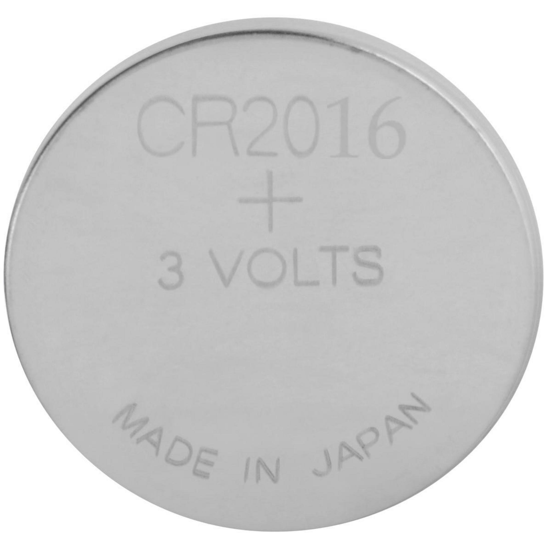 Srebrna bateria CR2016 z '+' i '3 VOLTS'. Tekst 'MADE IN JAPAN'.