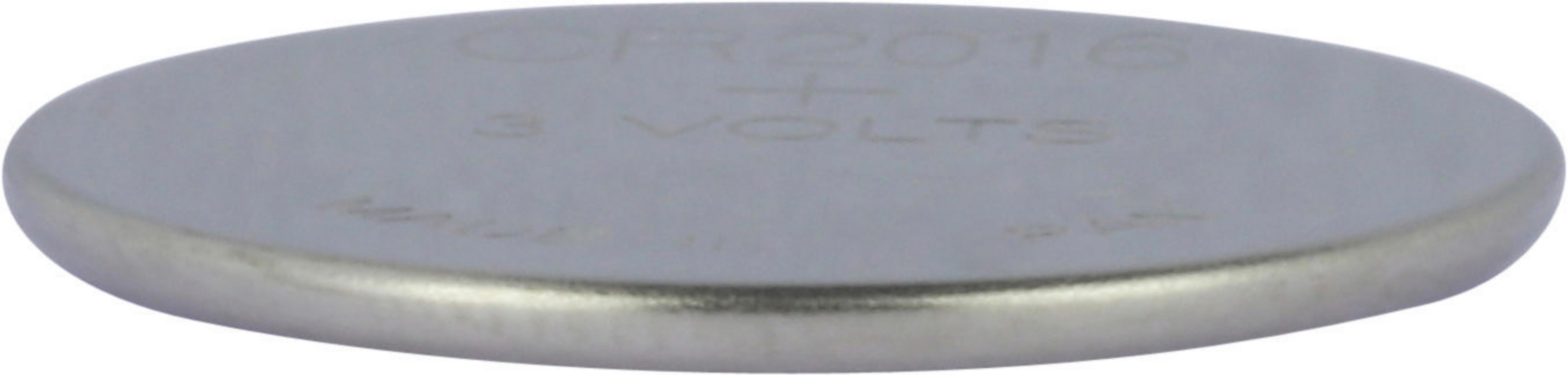 Mała, srebrna, okrągła bateria ze znakami plus i minus. CR2016 + 3 WOLTY.