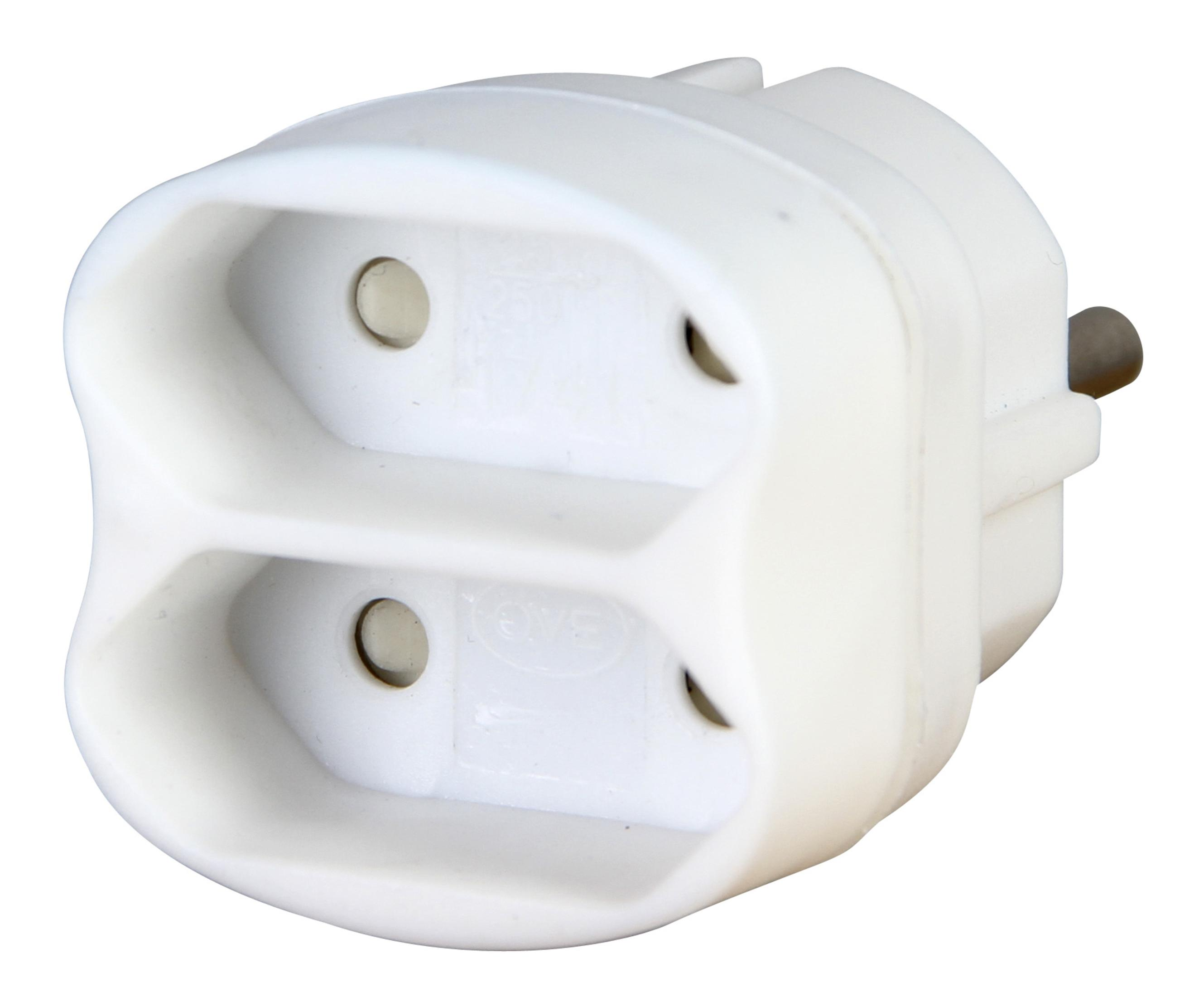 Adattatore doppio bianco con due prese, su sfondo bianco.
