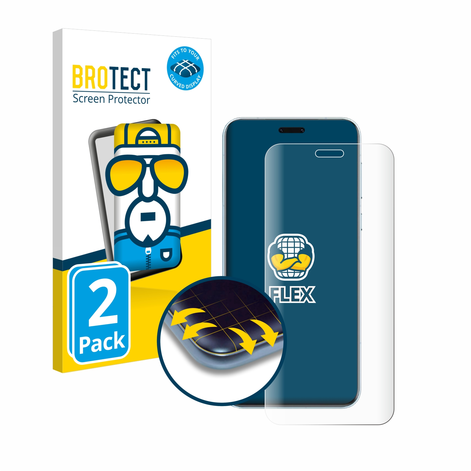 Ein Telefon mit Displayschutzfolie und einer Schachtel, mit Displayschutzfolienbox und Telefon auf weißer Oberfläche.
