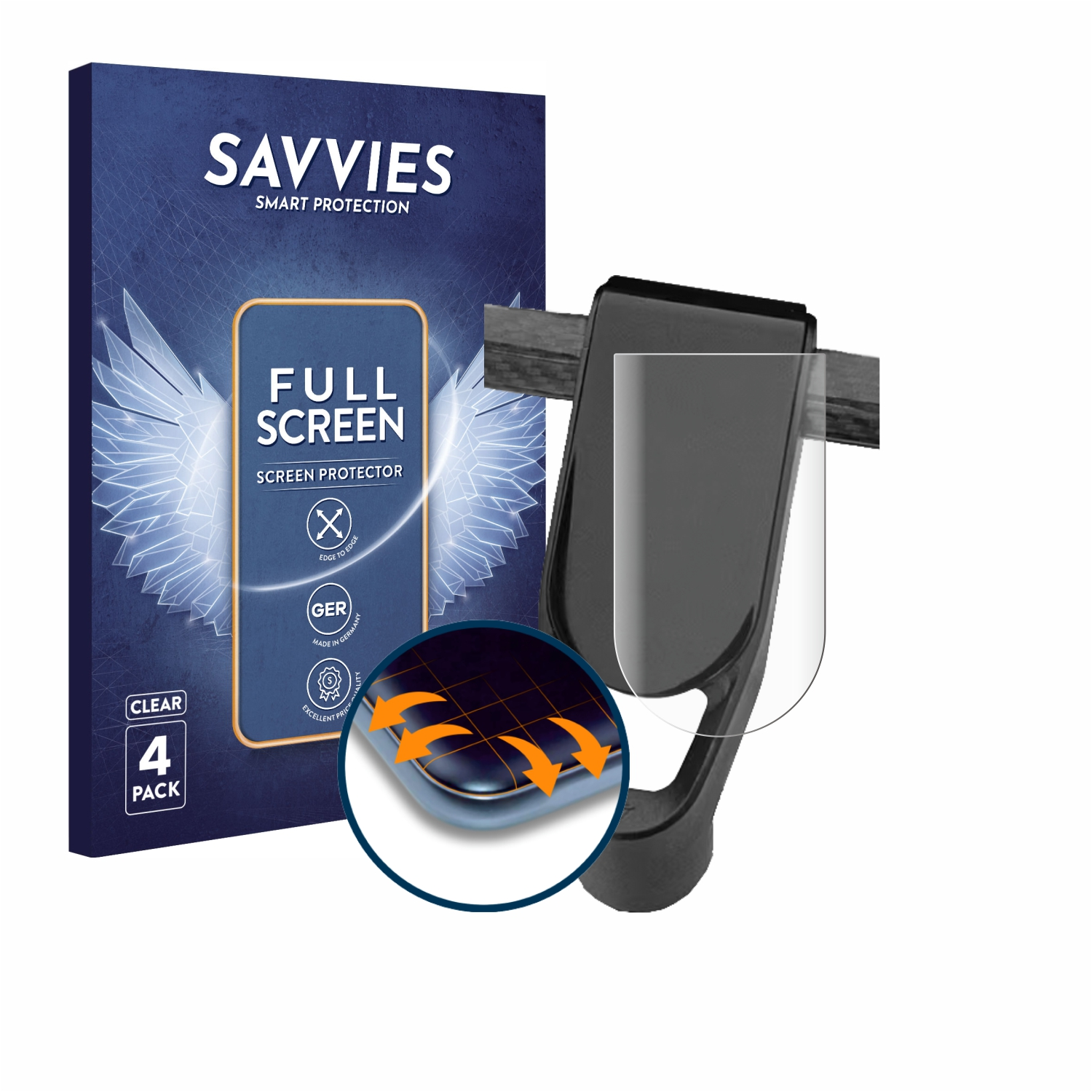 Savvies Displayschutzverpackung und ein Telefon mit aufgetragenem Displayschutz. Pfeile zeigen die Installation.