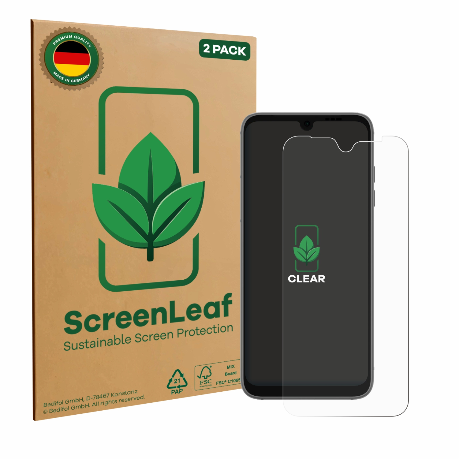 Schachtel mit Displayschutzfolie und Telefon. Die Schachtel hat ein Blattlogo und den Text ScreenLeaf.