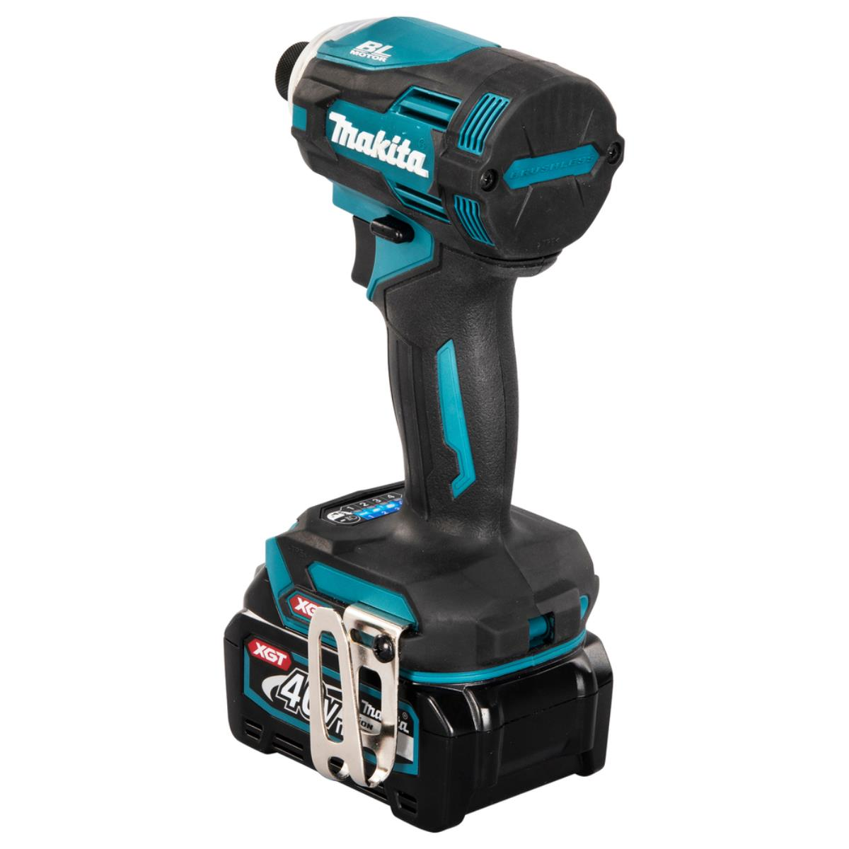 Avvitatore a impulsi Makita cordless nero e verde acqua su sfondo bianco, con batteria.