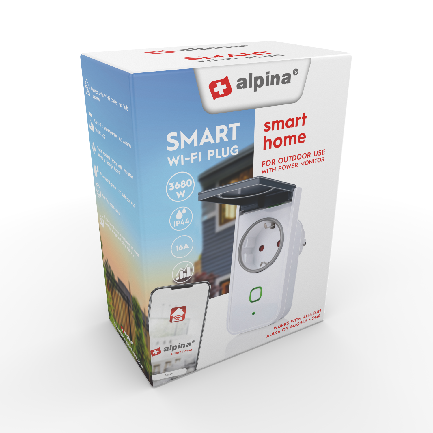 Witte en blauwe slimme Wi-Fi-stekker met smart home-doos.