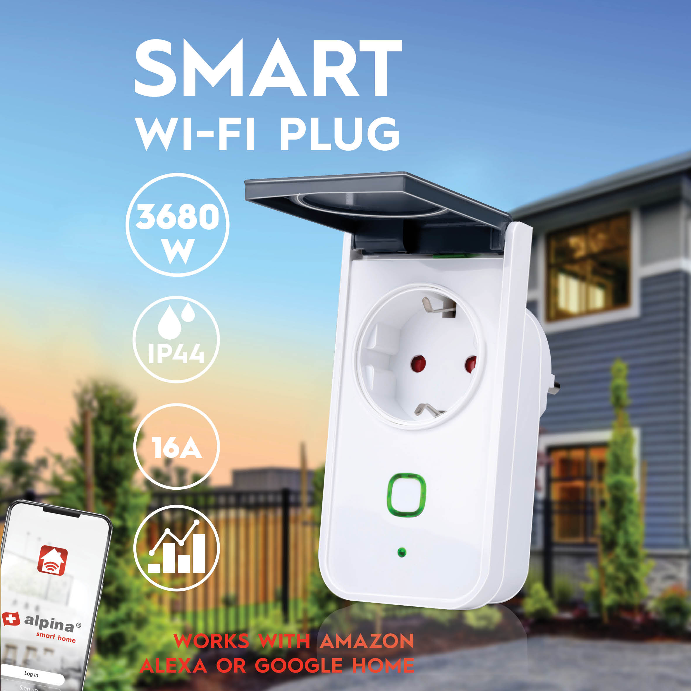 Slimme Wi-Fi stekker. Hij is wit met een zwarte bovenkant. Een telefoon met smart home app links.