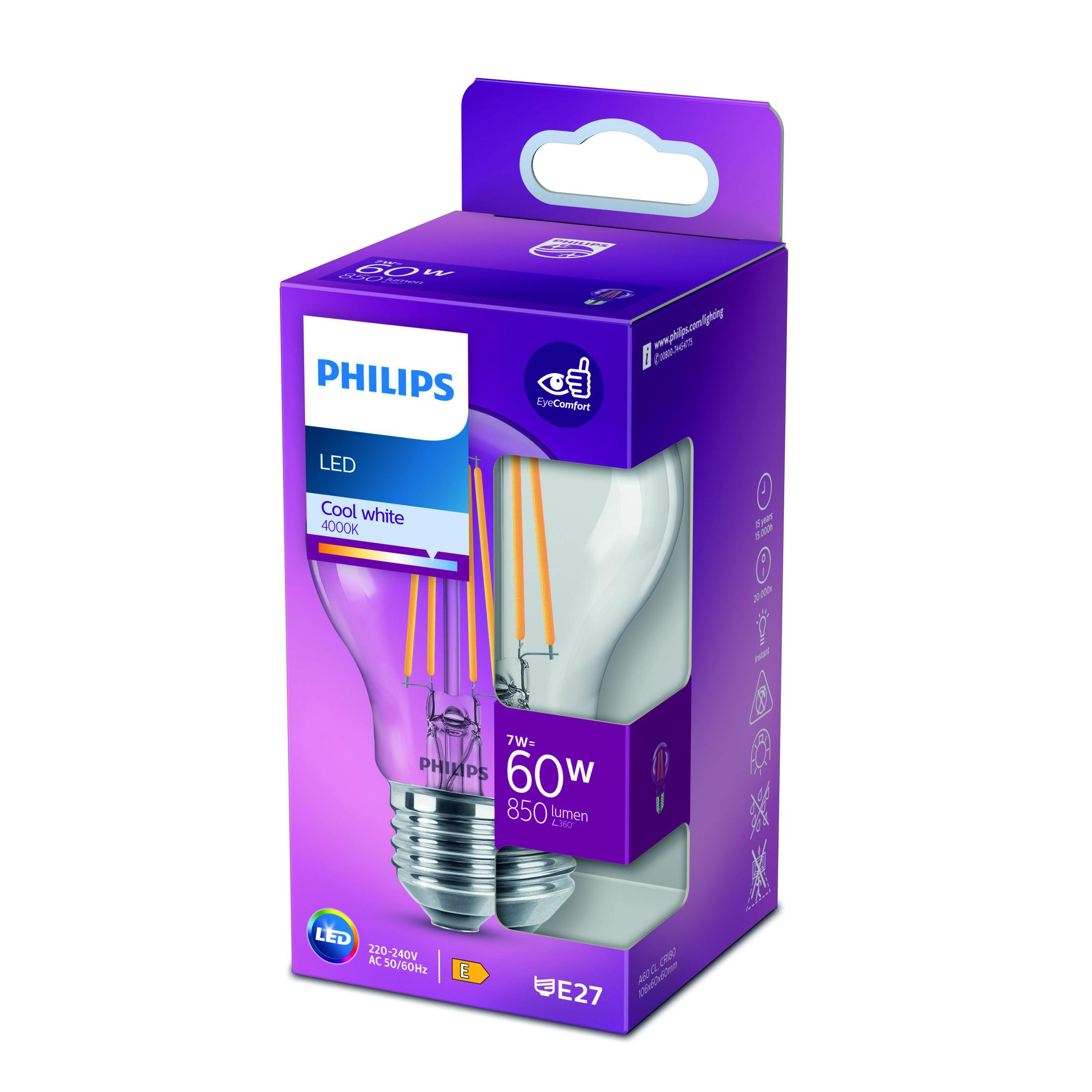 Philips LED-Glühbirne in einer lila-weißen Box, die die Glühbirne und Produktinformationen zeigt, weißer Hintergrund.