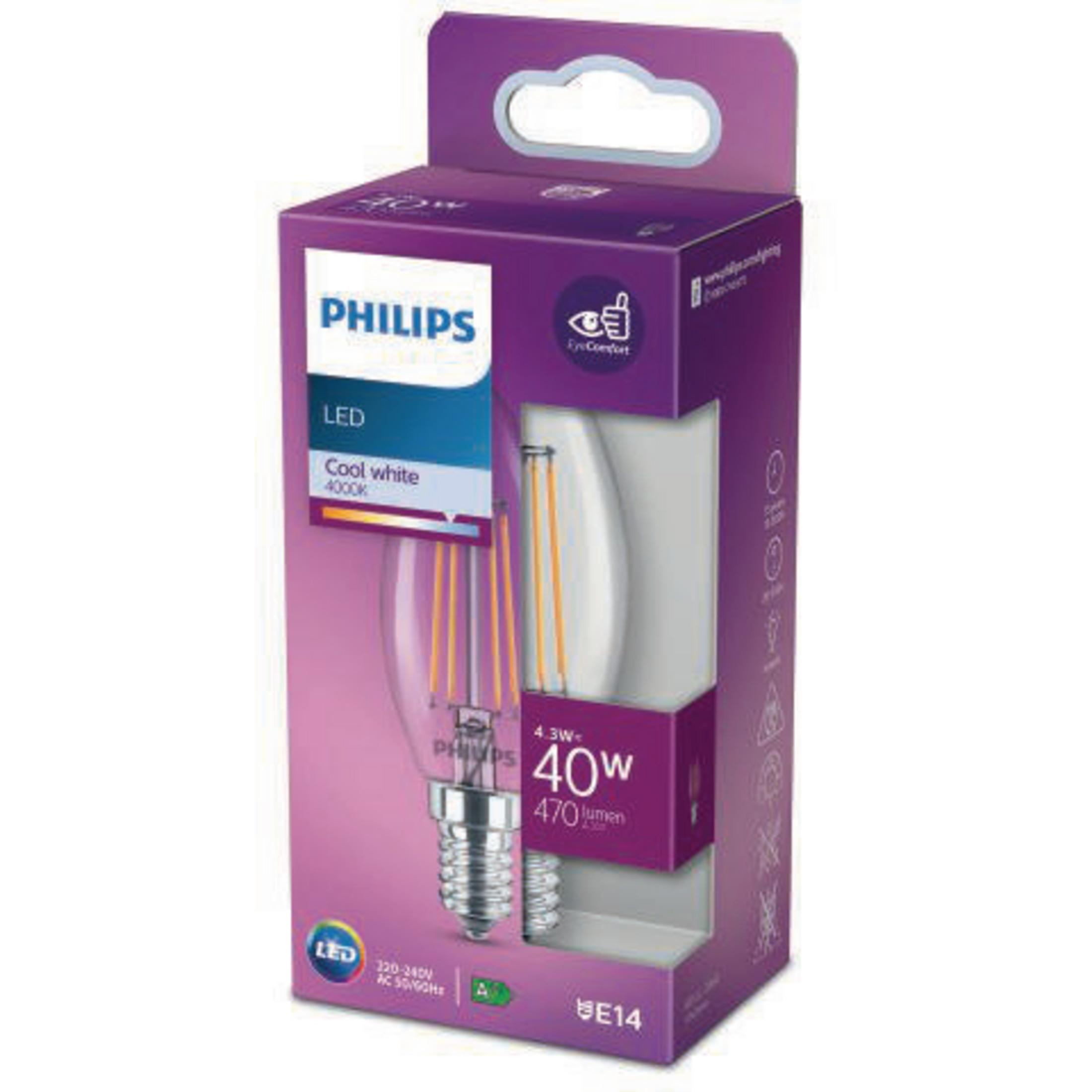 Caja de bombilla LED Philips, diseño morado y blanco, con bombilla visible.