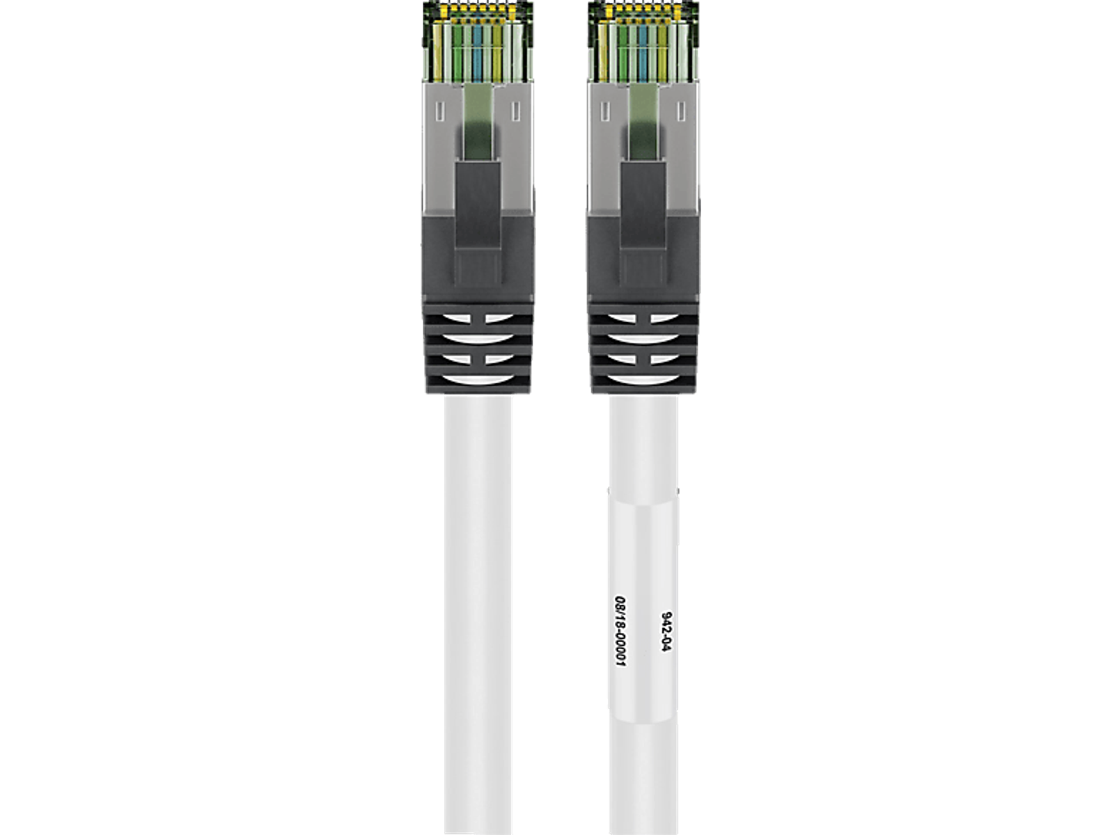 Dwa białe kable sieciowe z przezroczystymi złączami i czarnym tłem.