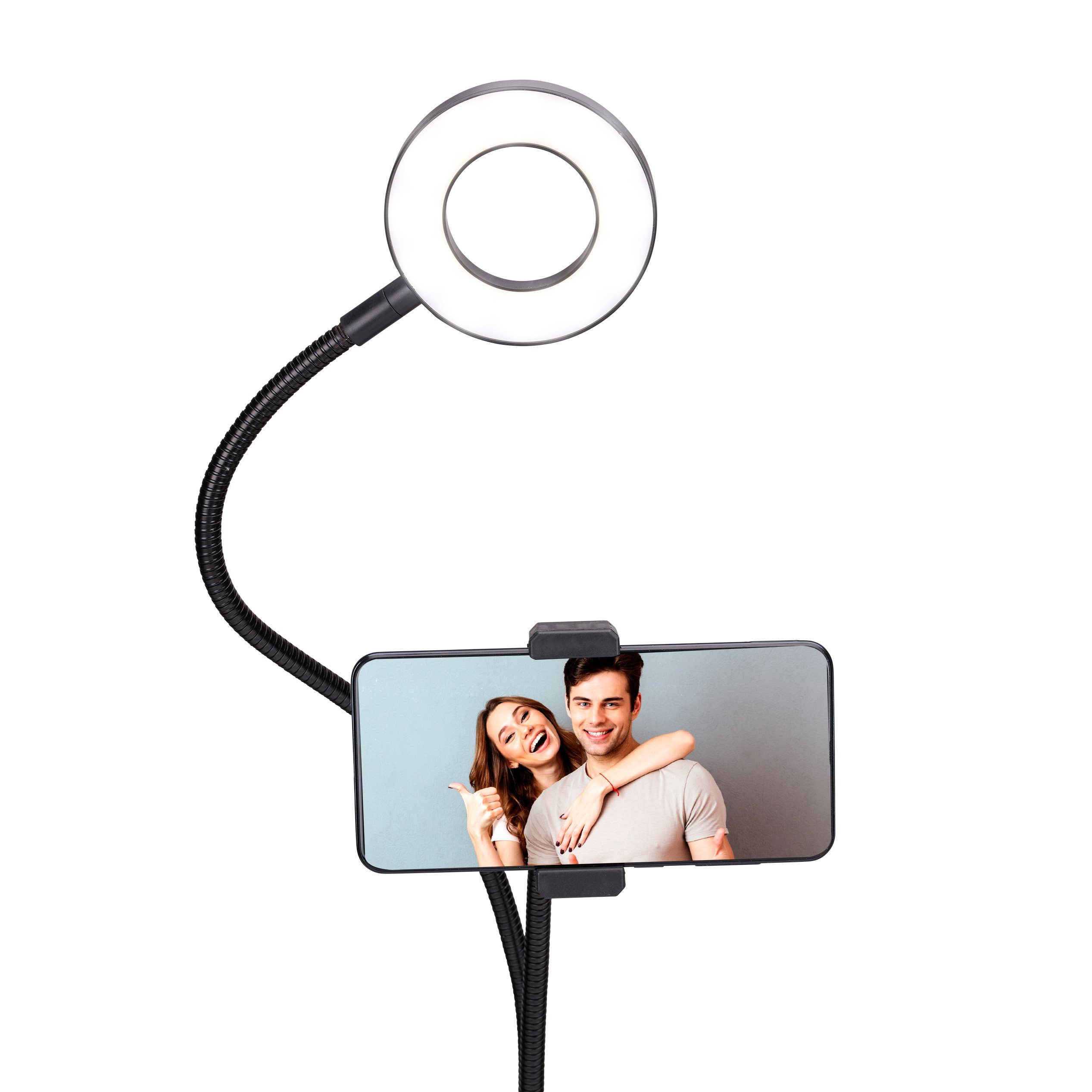 Un téléphone sur un support flexible avec un anneau lumineux, avec un couple sur le téléphone.