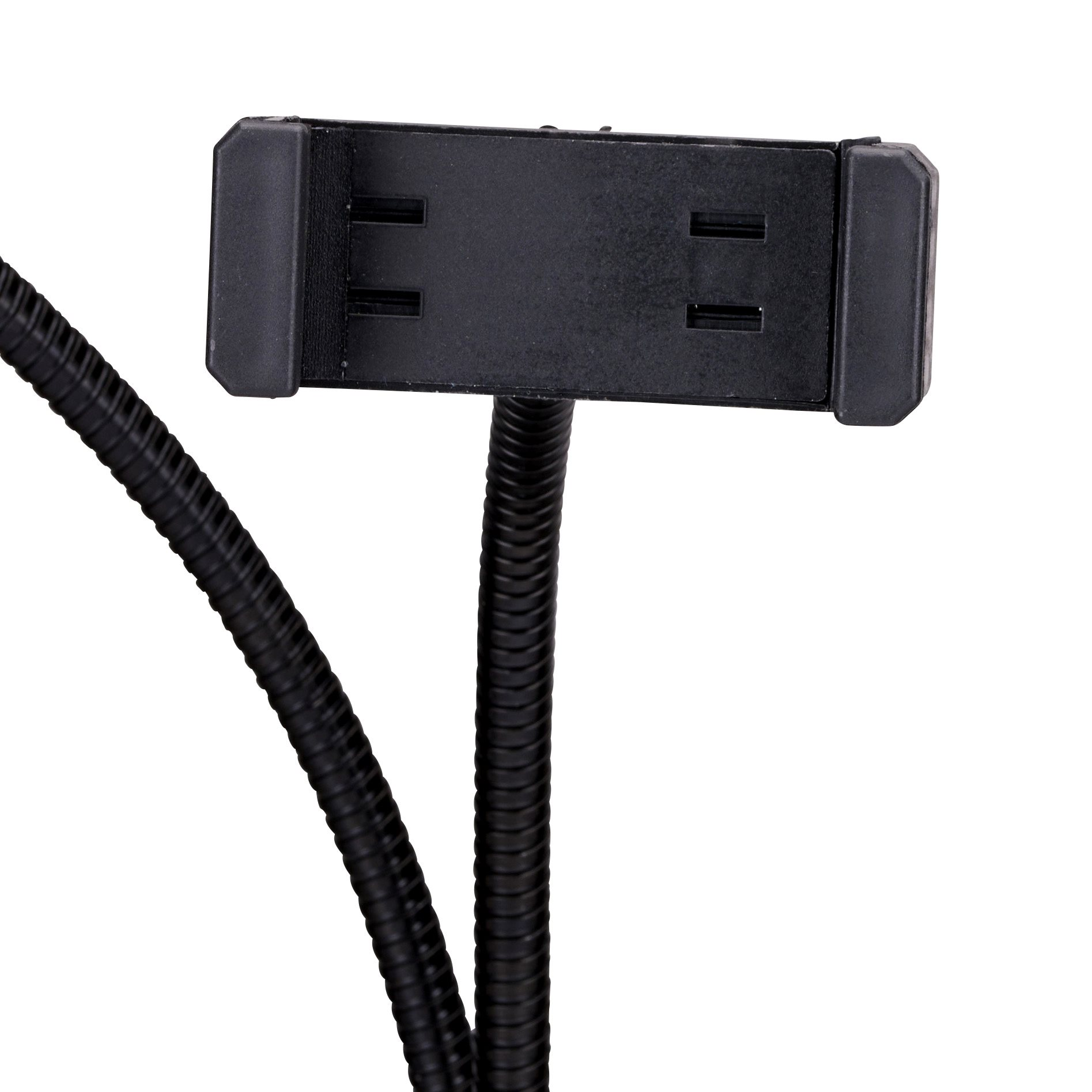 Support de téléphone noir pour un bras flexible. Il possède une pince pour maintenir le téléphone et se trouve sur un fond blanc.