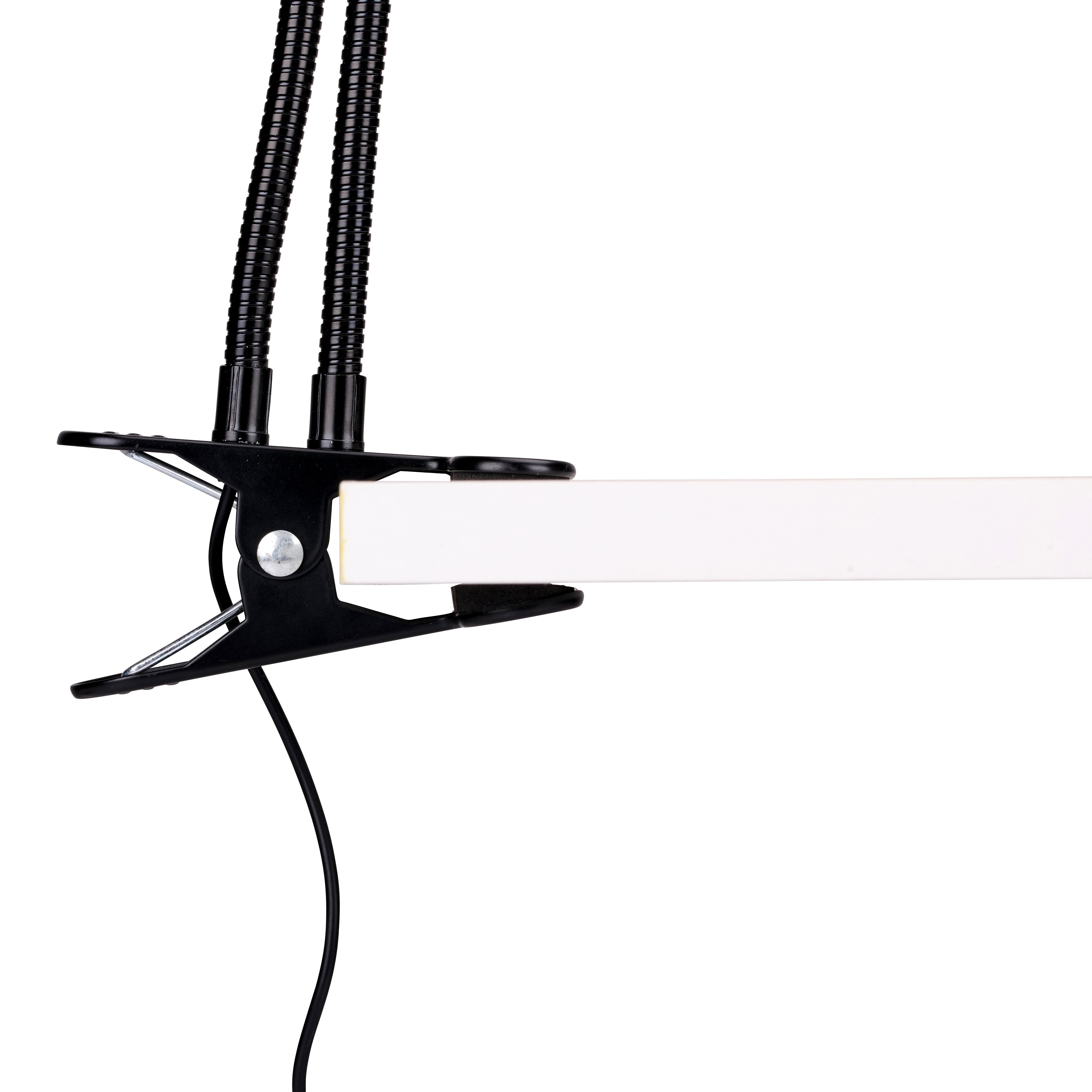 Une lampe noire flexible avec deux bras fixés sur une surface blanche.