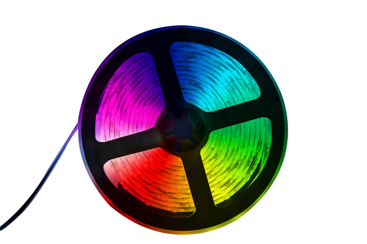 A roll of LED strip lights with multiple colors on a white background.