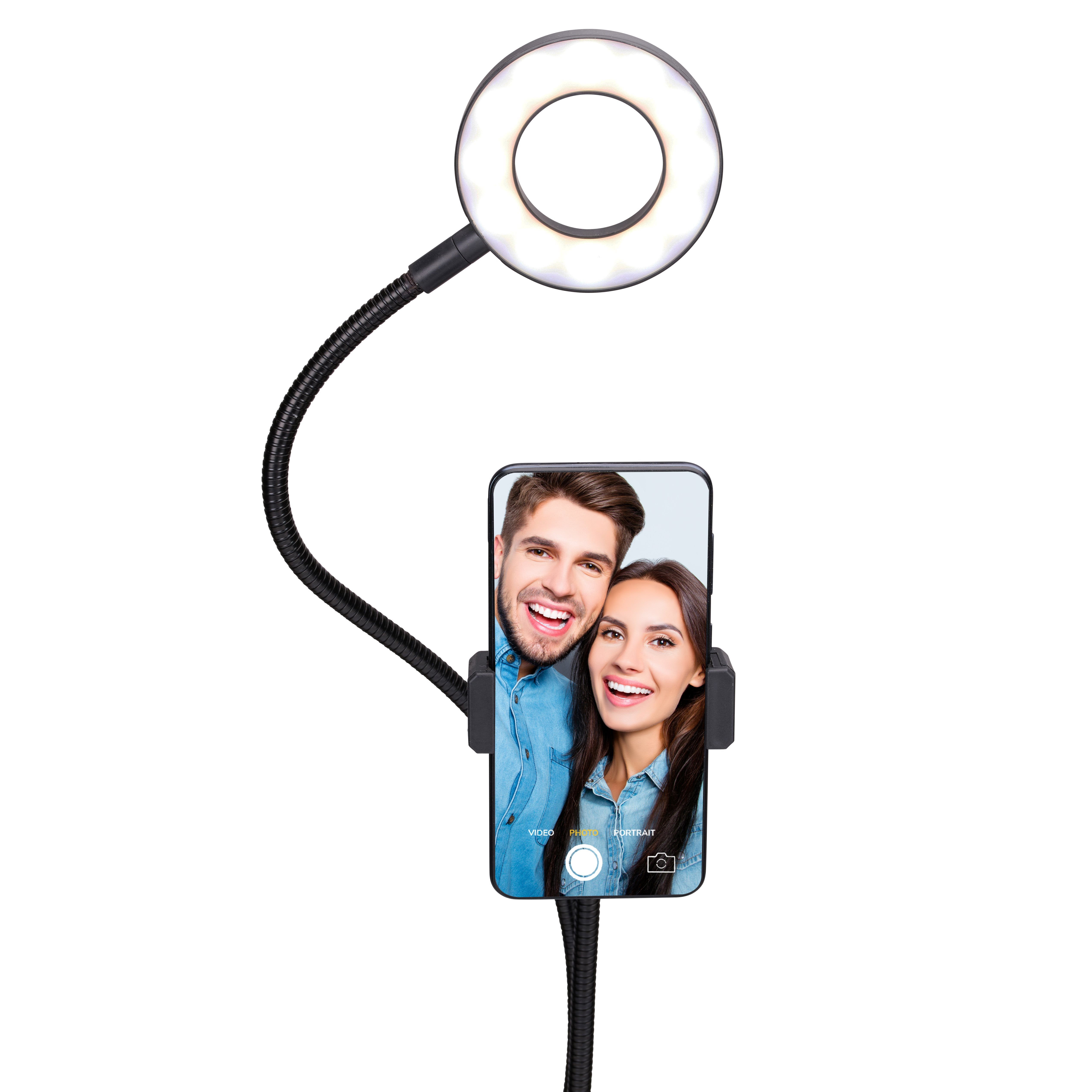 Anneau lumineux avec support de téléphone, montrant un couple souriant.