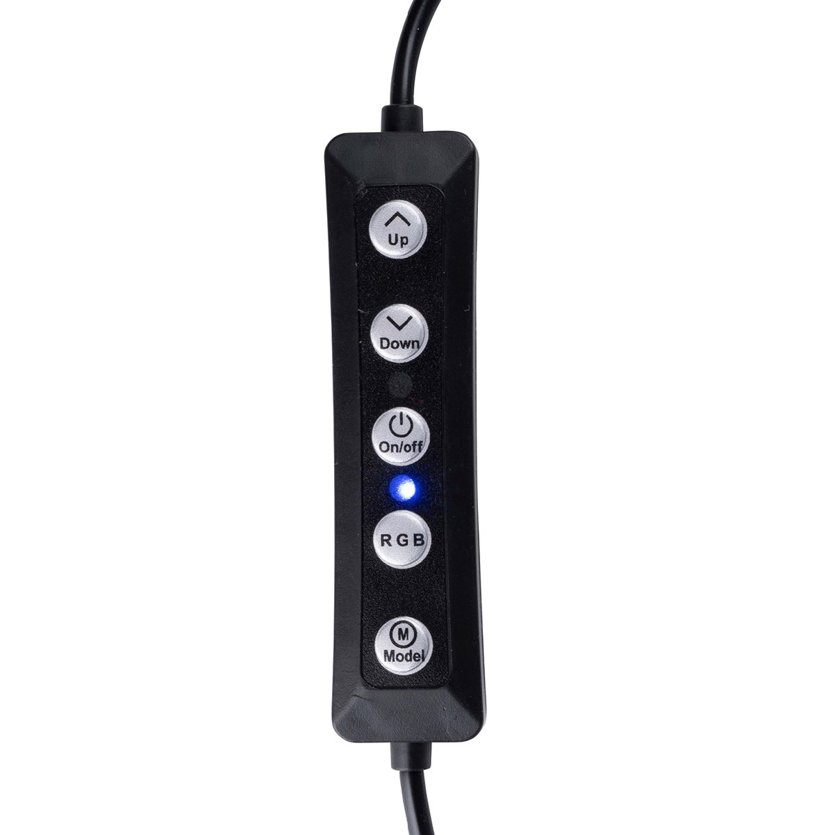 Un panneau de contrôle noir avec des boutons étiquetés Up, Down, On/Off, RGB et Model.