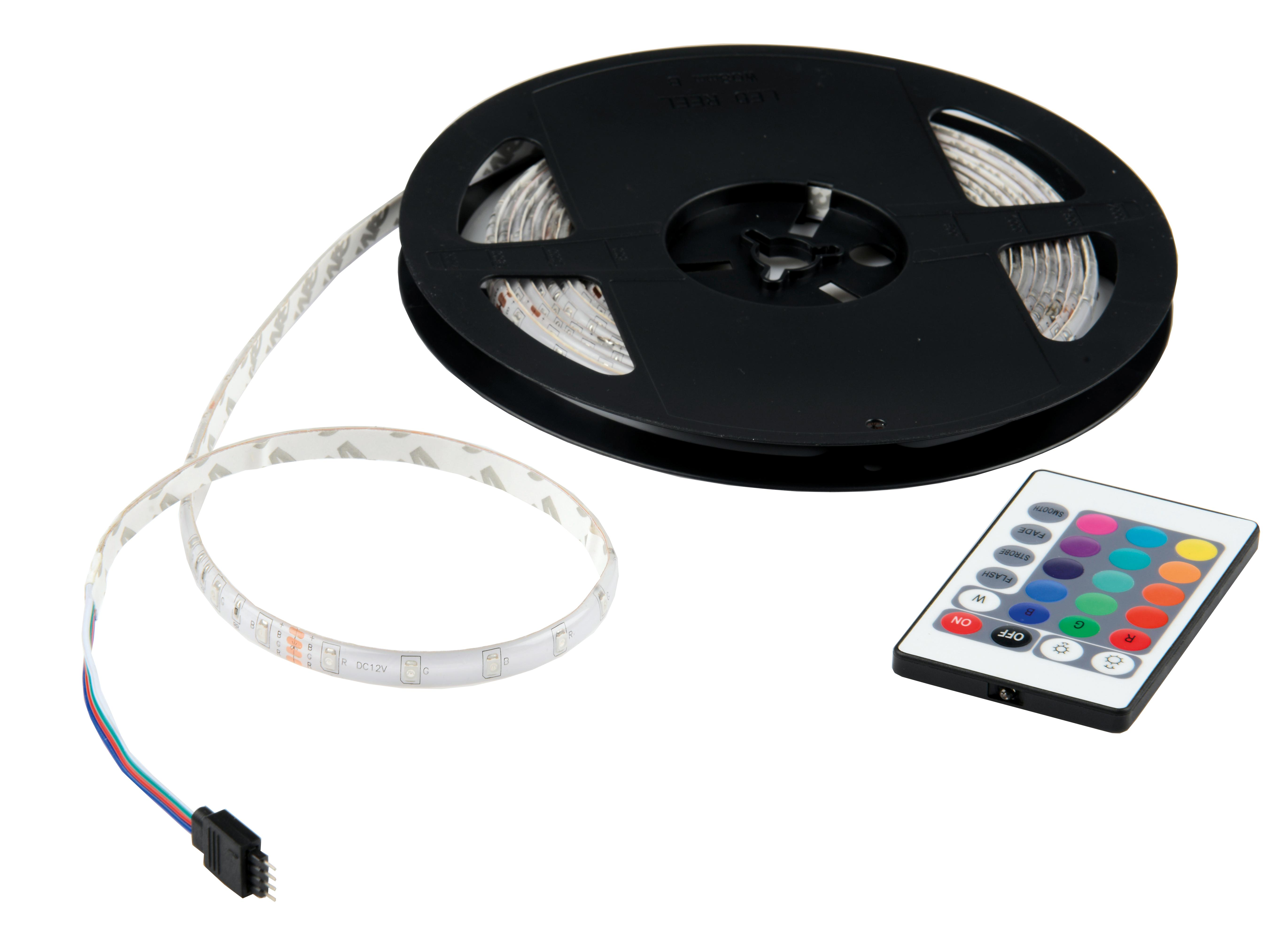 A black reel with LED strip, a remote controller. The strip is unrolled. White background.