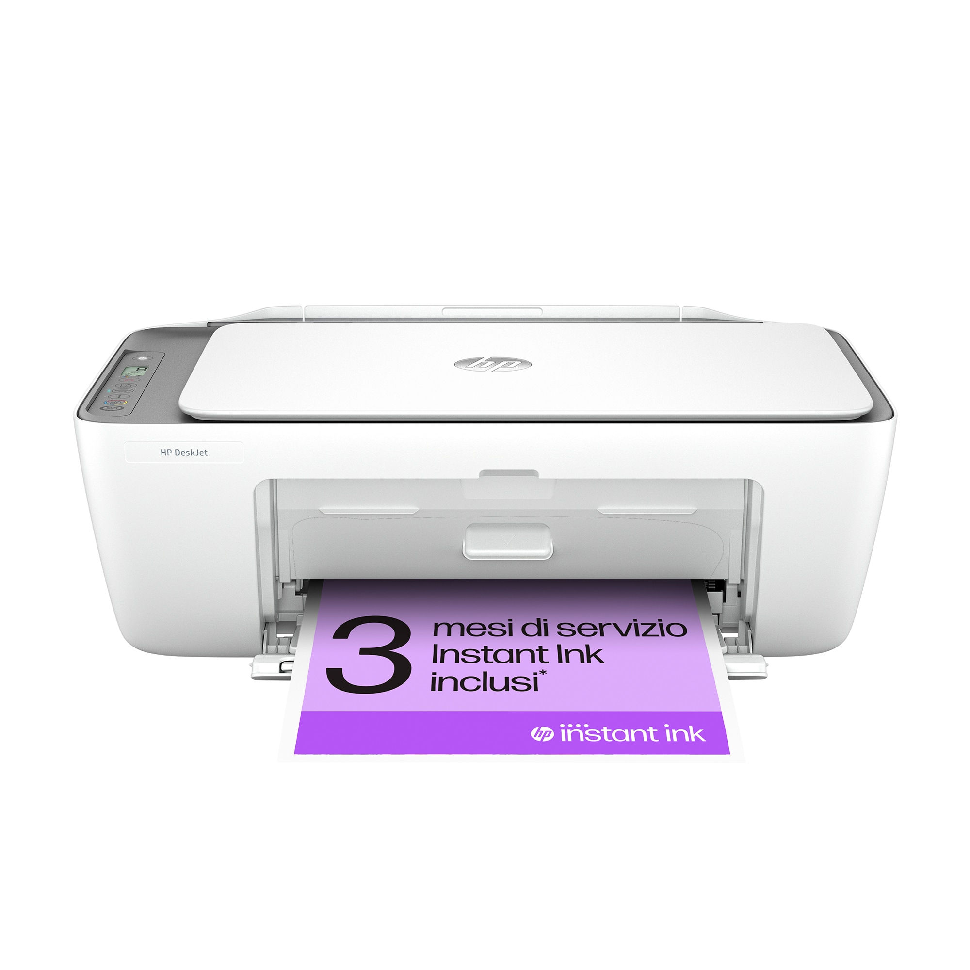 Biała drukarka HP DeskJet z fioletową kartką z napisem "3 miesiące Instant Ink w zestawie."