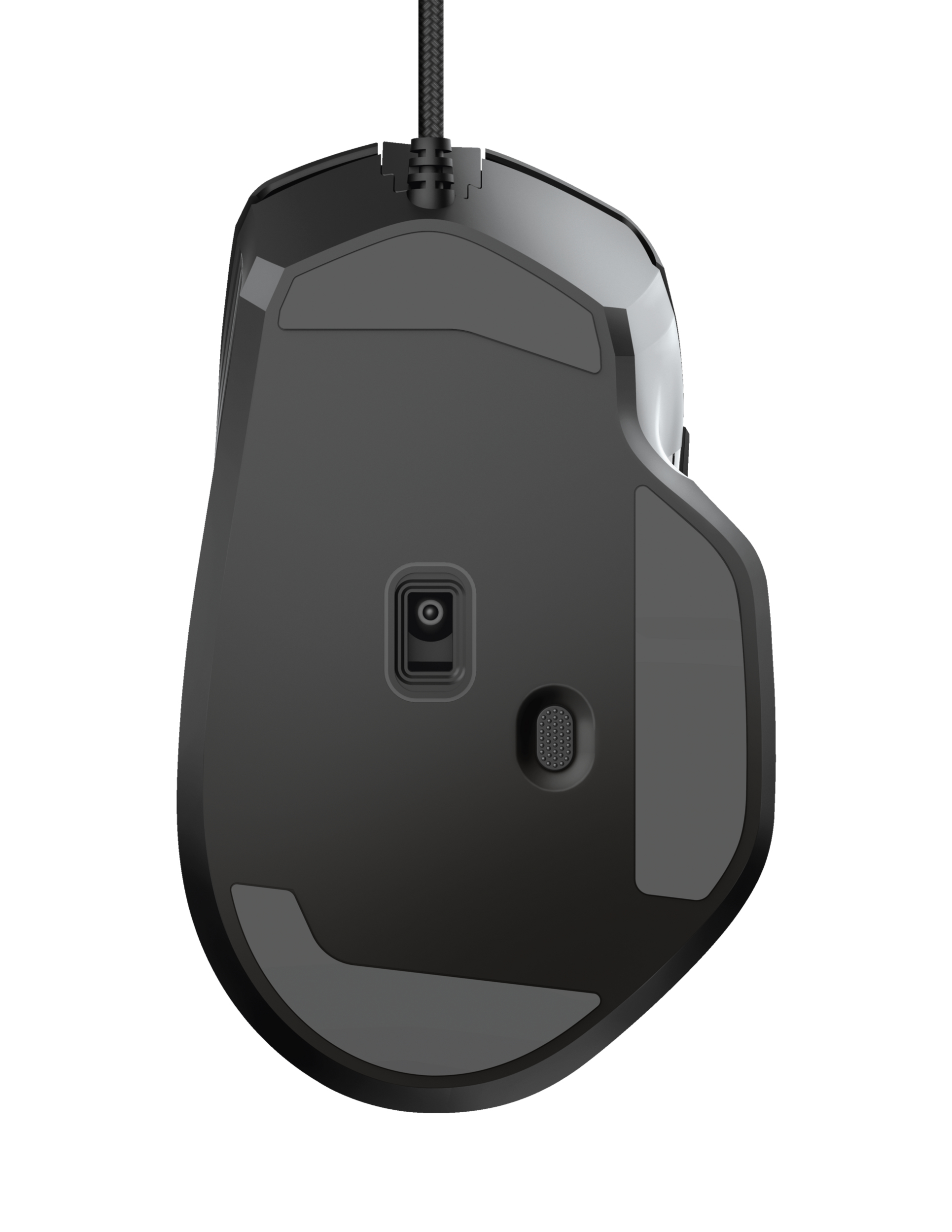 Vista dal basso di un mouse nero per computer con rotella di scorrimento e cuscinetti di presa.