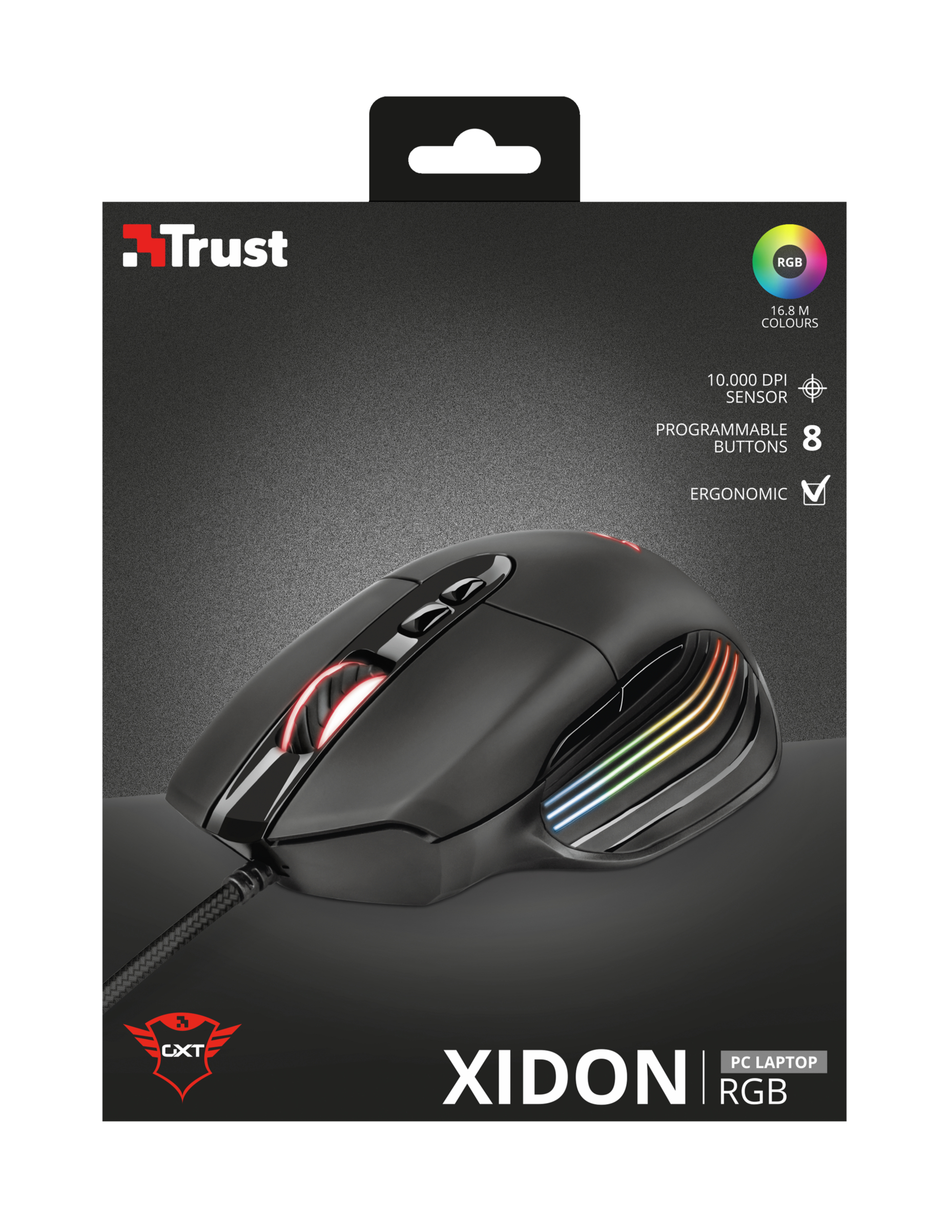 Mouse da gaming nero con luci RGB, in scatola, loghi Trust e Xidon.