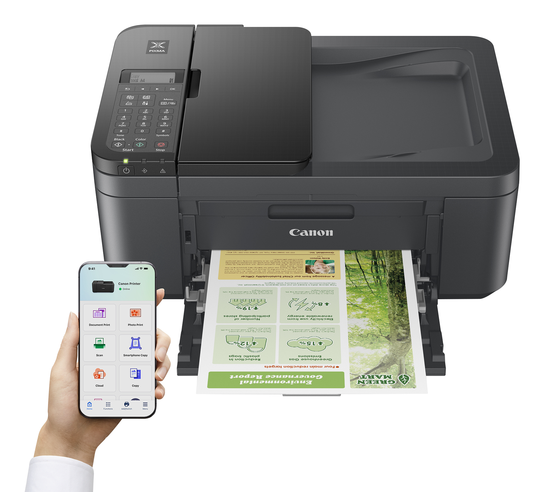 Una stampante con uno smartphone che mostra un'app Canon Printer, che stampa un rapporto.