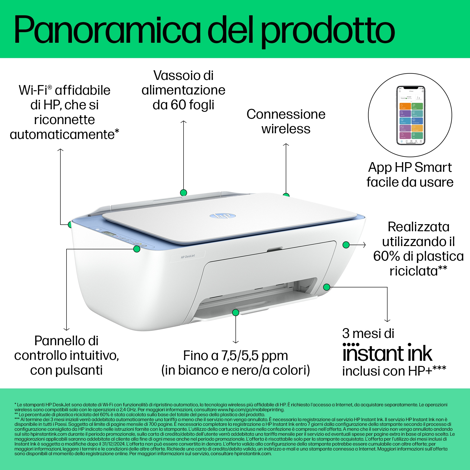 Imprimante HP avec étiquettes de texte, smartphone avec appli, texte en italien.