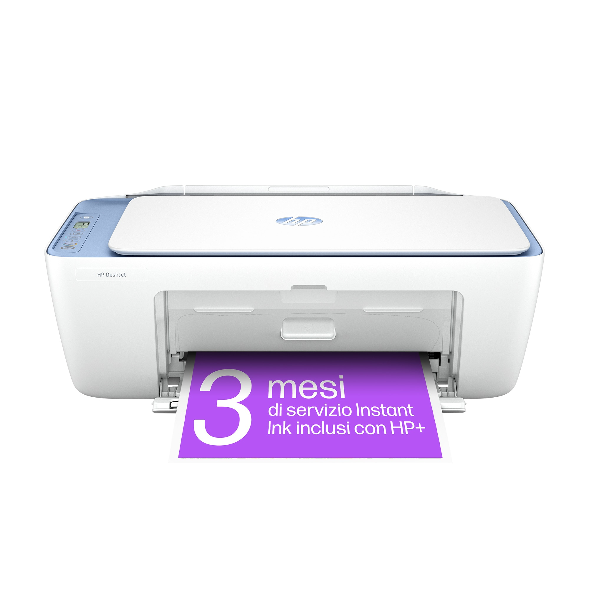 Imprimante HP DeskJet blanche et bleue. Elle imprime un papier violet avec du texte. Fond blanc.