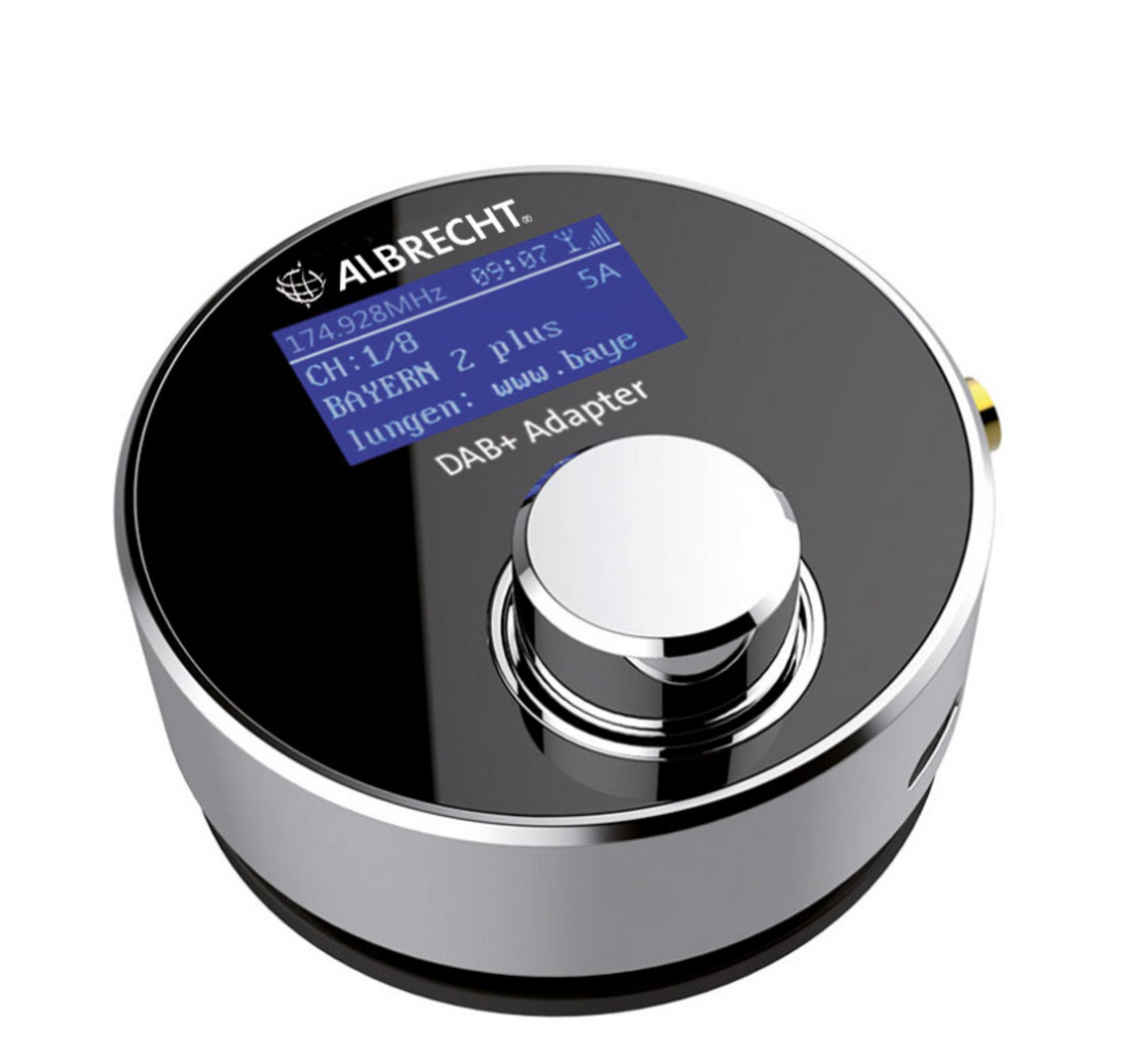 Schwarzer und silberner DAB+-Adapter mit einem Bildschirm, der Informationen anzeigt. Drehknopf.