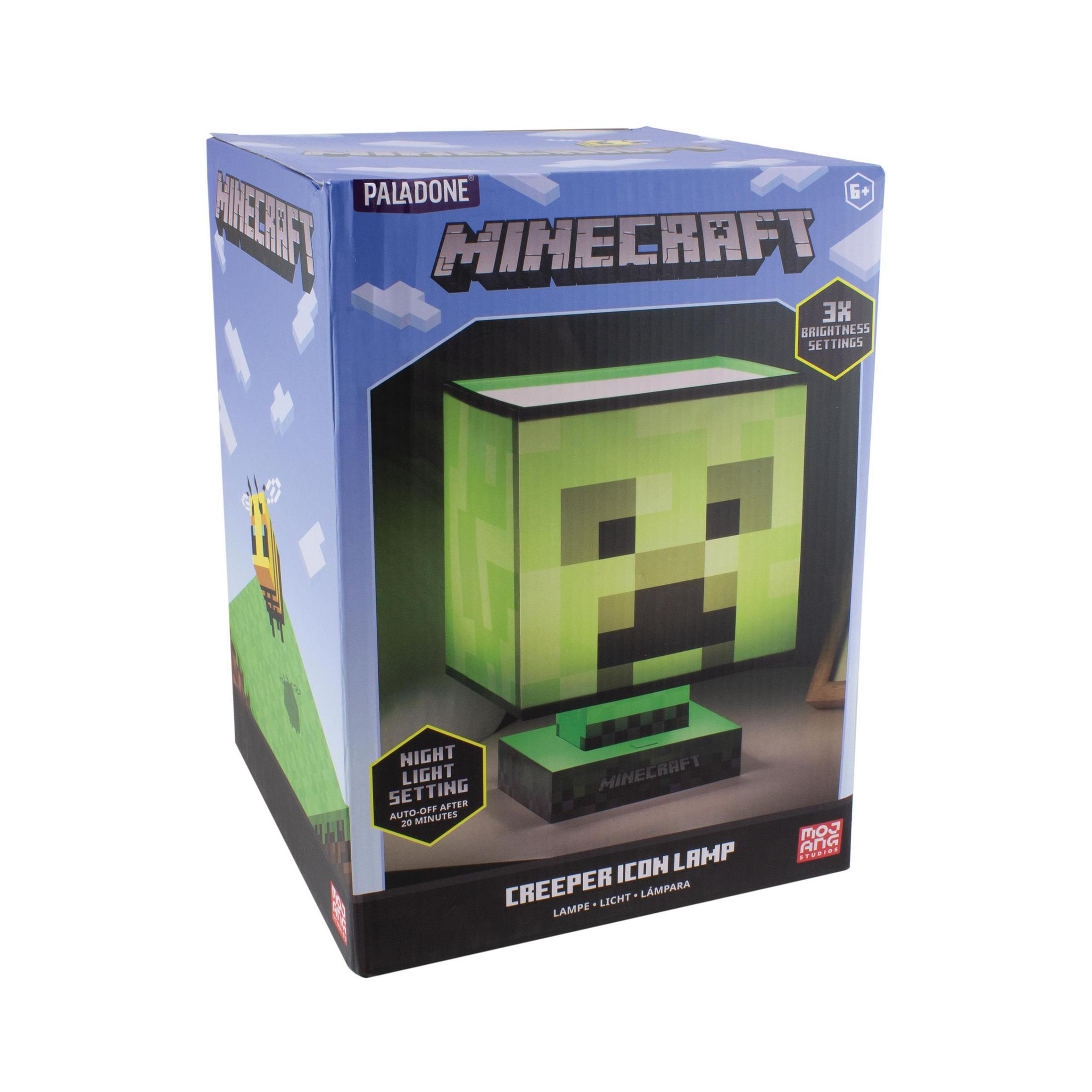 Lampa Creeper z Minecraft w pudełku. Zielony design głowy Creepera, tryb światła nocnego.