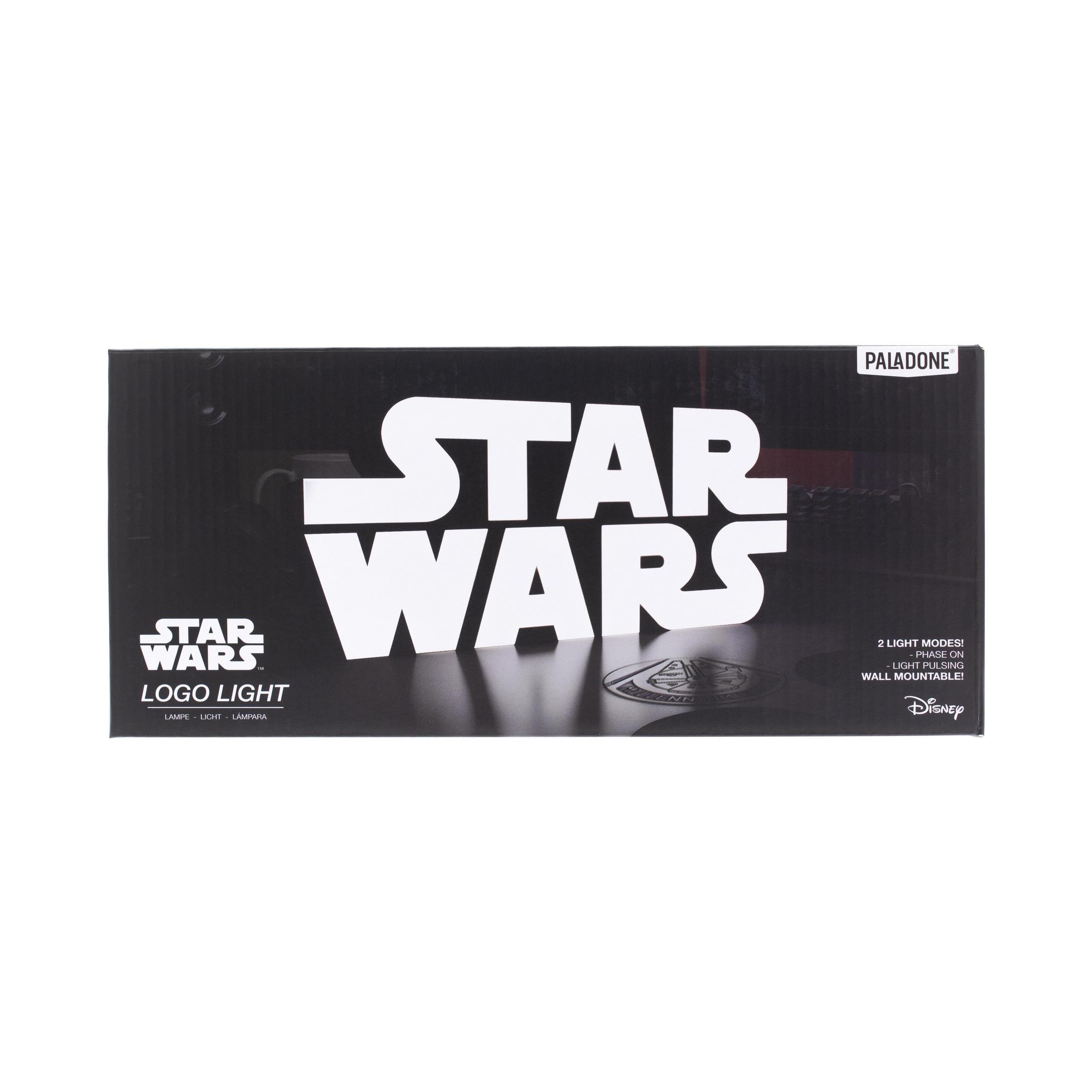Star Wars Logo-Lichtbox. Weißes Logo auf schwarzer Box. Enthält Text und Disney-Logo.