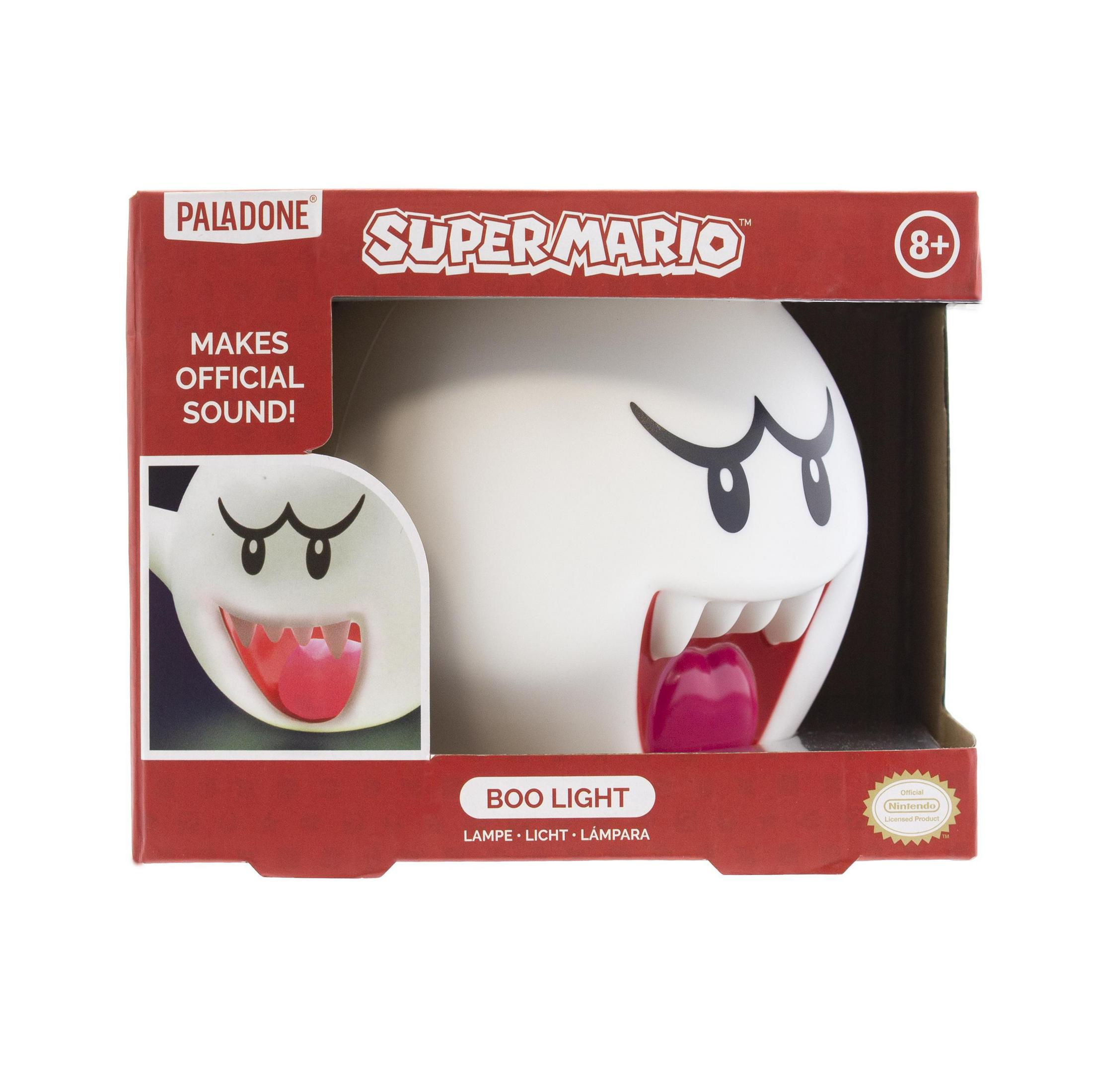Eine weiße Boo-Leuchte von Super Mario in einer roten Box, mit Text und Boo-Bild.