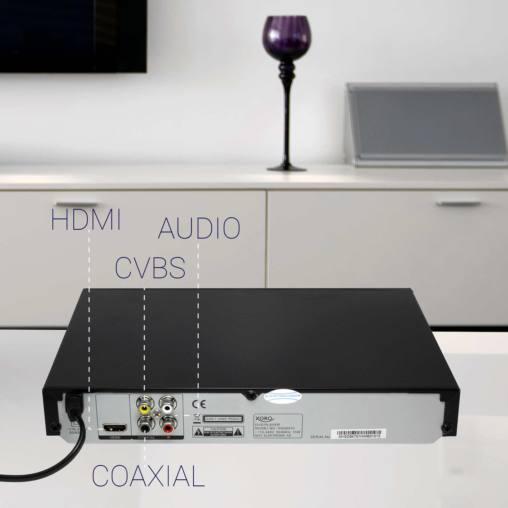 DVD-Player mit Anschlüssen auf der Rückseite mit der Bezeichnung HDMI, Audio, CVBS und Koaxial.
