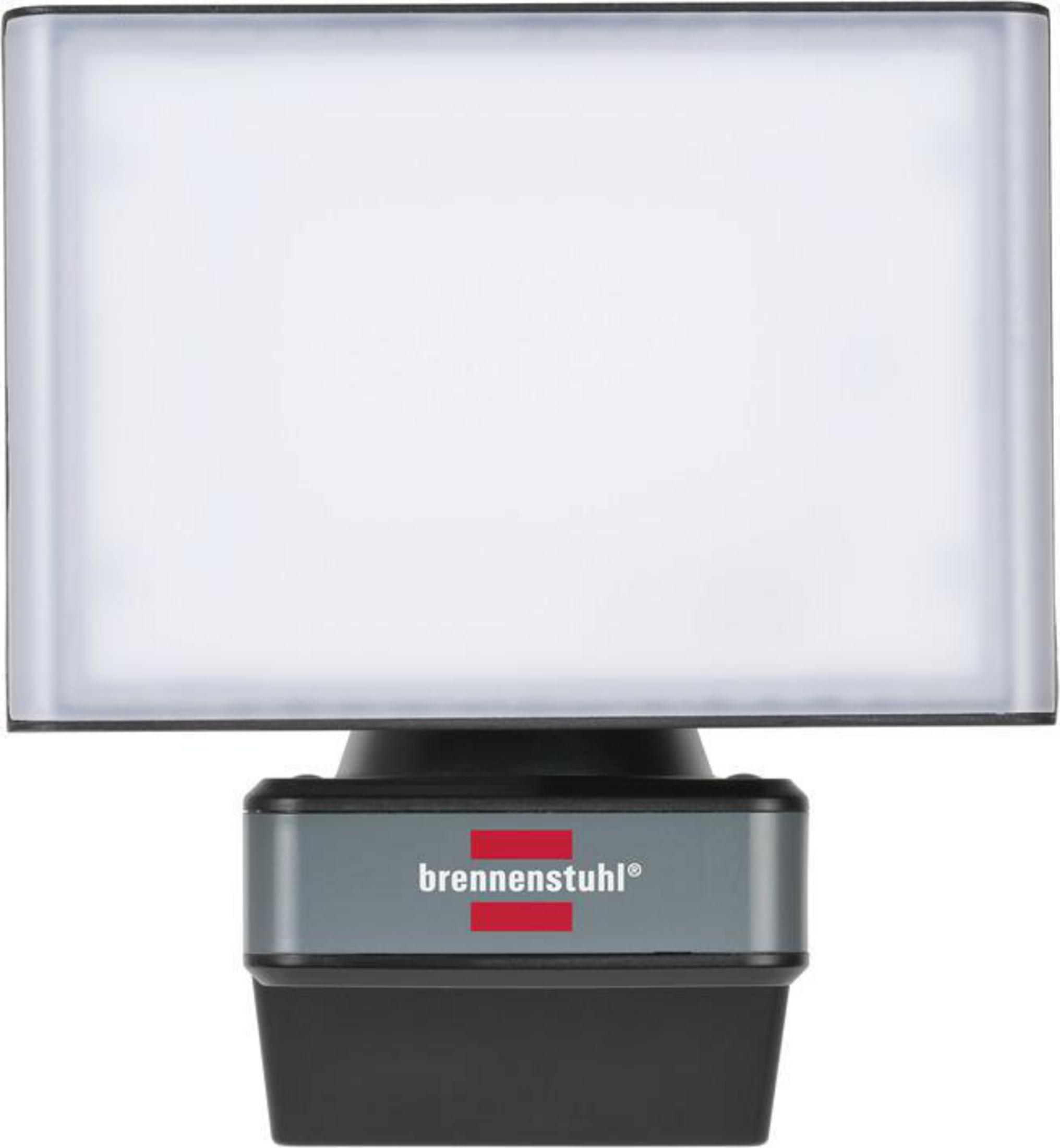 Weißer quadratischer LED-Scheinwerfer auf schwarzem Sockel mit 'brennenstuhl®'.