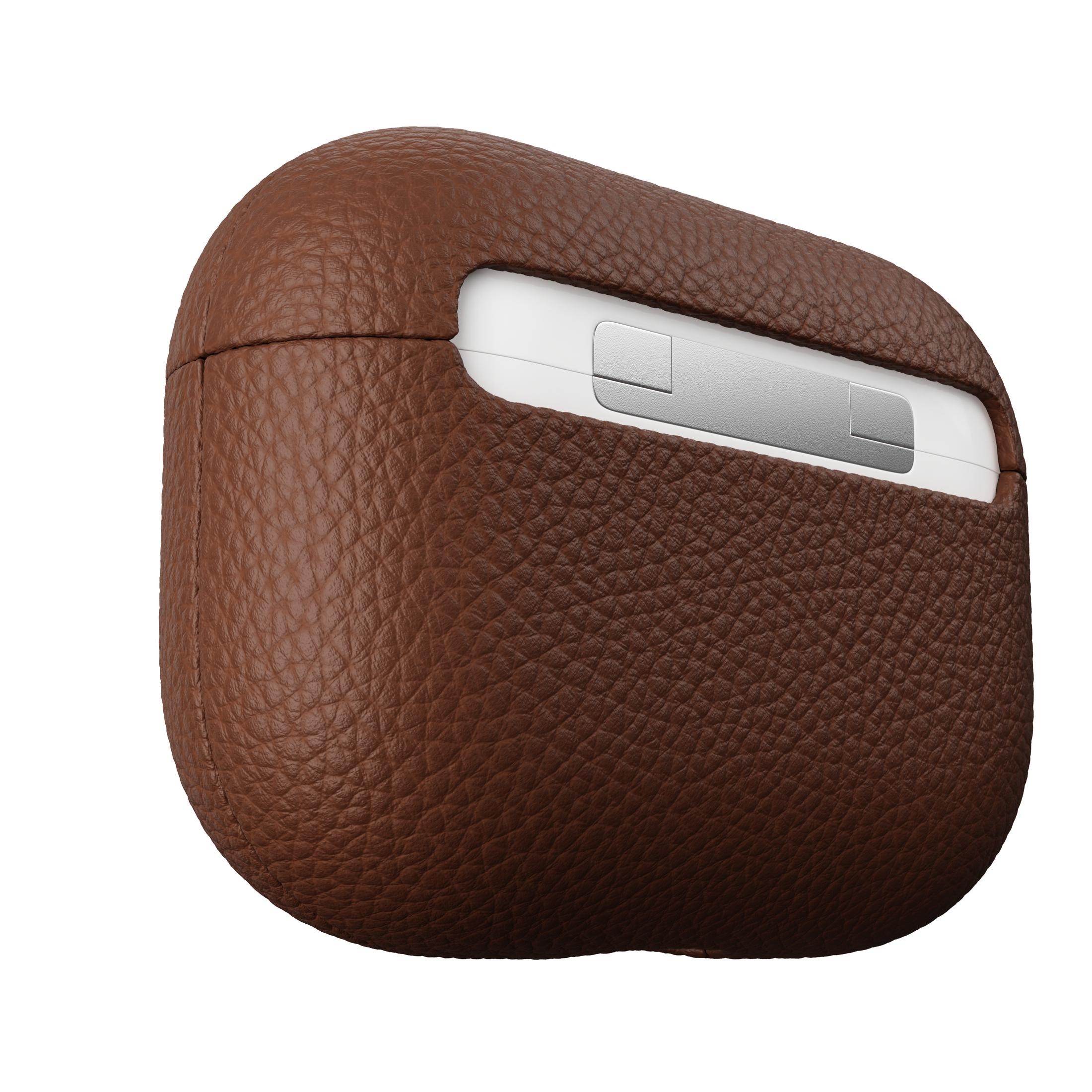 Eine braune Lederhülle für AirPod Pro, die das weiße Ladecase im Inneren zeigt.