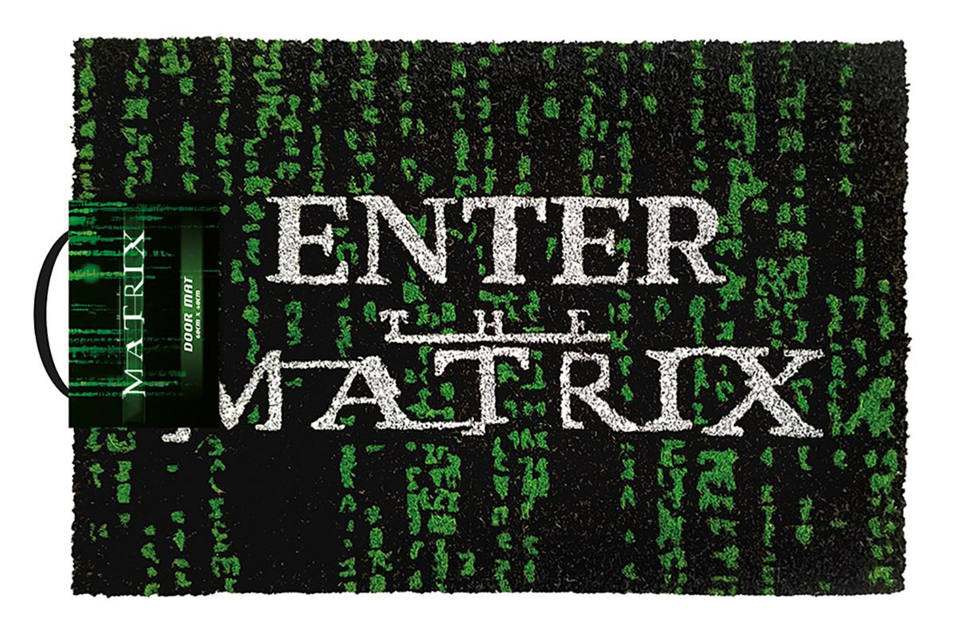 Schwarze Fußmatte mit grünem Matrix-Code und weißem Text "ENTER THE MATRIX".