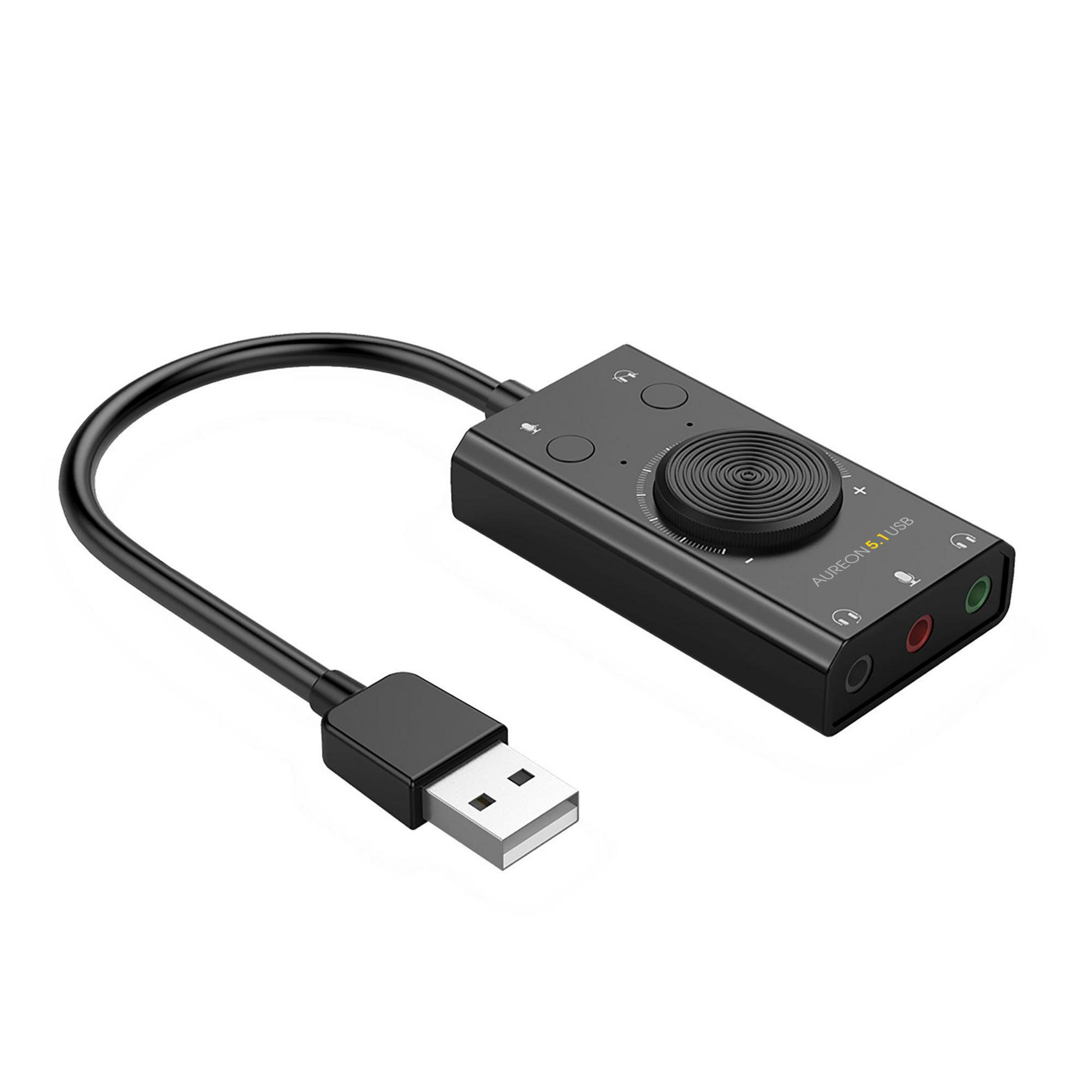 Czarna karta dźwiękowa Aureon 5.1 USB z kablem i złączem USB.