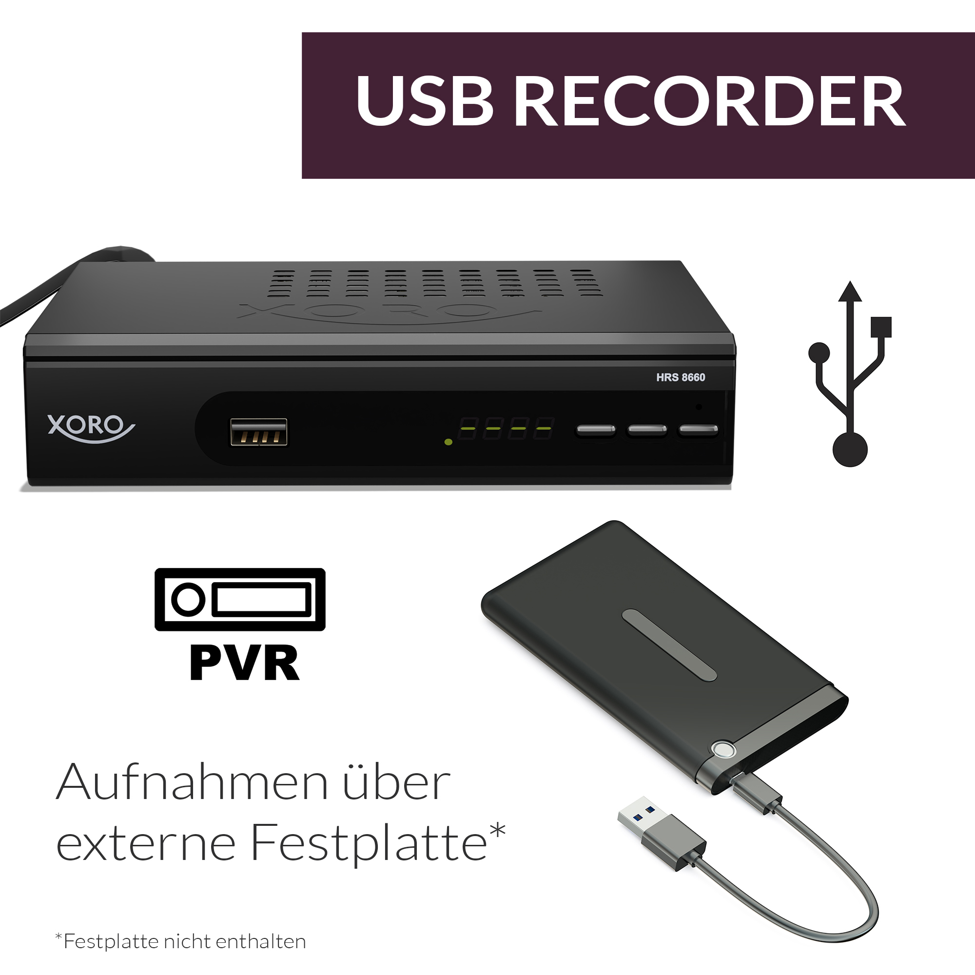 Ein USB-Recorder mit einer schwarzen Box und einem USB-Laufwerk, mit weißem Hintergrund.