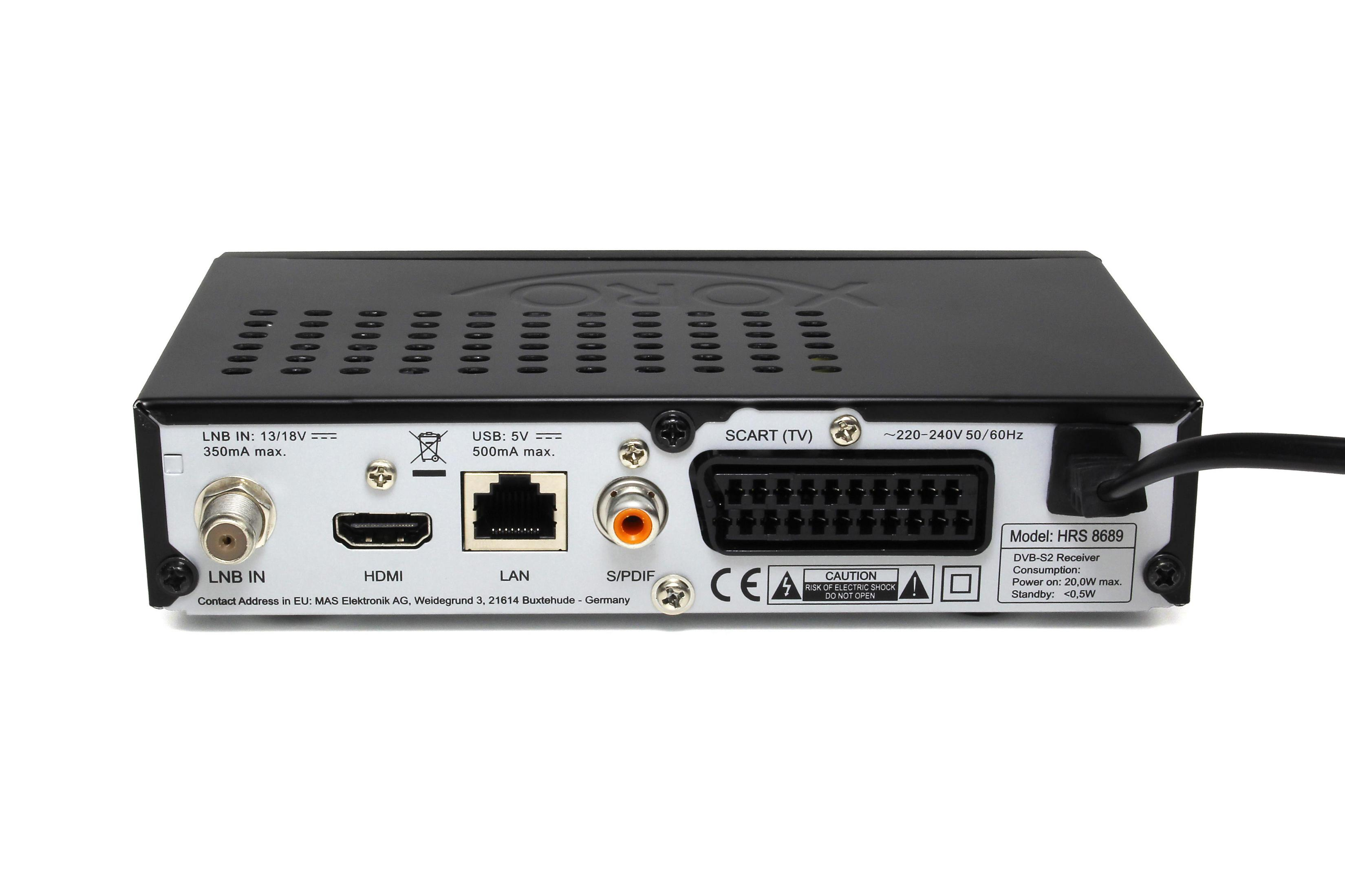 Rückseite eines schwarzen Digitalreceivers. Mehrere Anschlüsse sind sichtbar.
