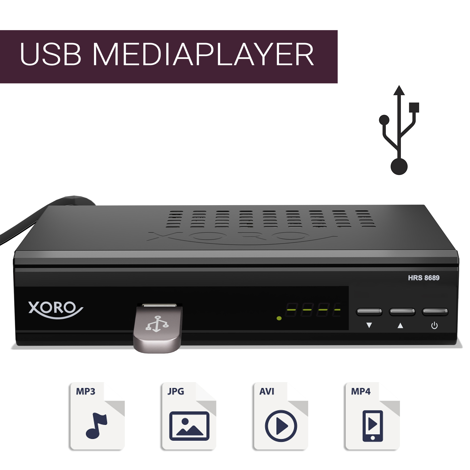 Ein schwarzer USB-Mediaplayer mit Dateityp-Symbolen (MP3, JPG, AVI, MP4), die darunter angezeigt werden.