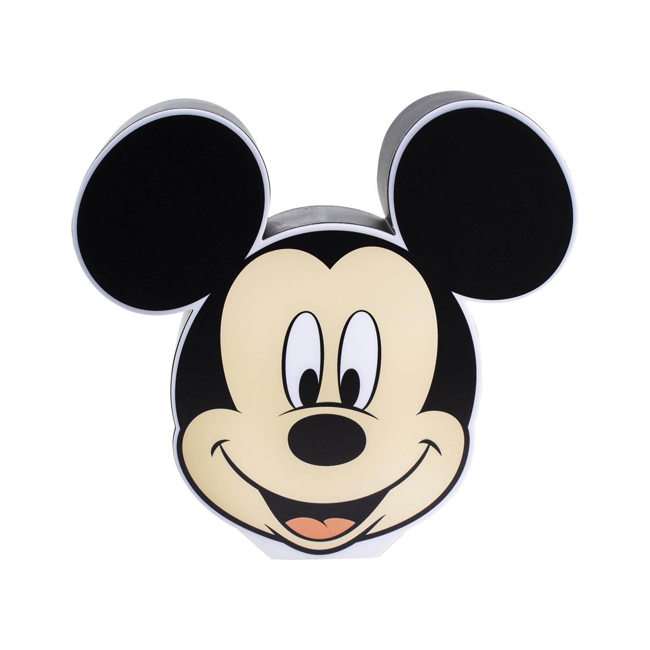 Mickey Mouse Kopf, schwarze Ohren und Lächeln. Weißes Gesicht mit schwarzen Augen.