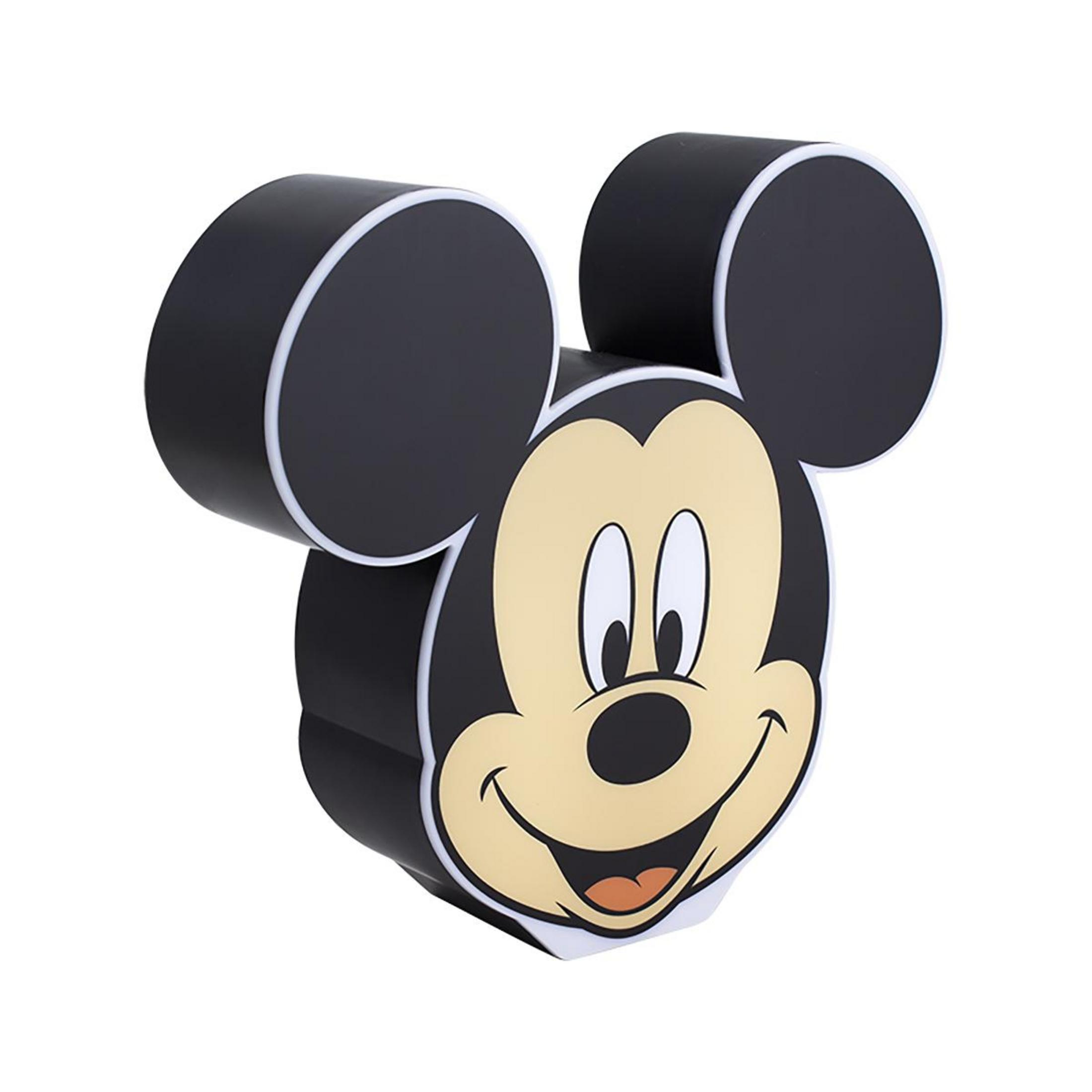 Eine schwarze, Mickey Mouse-förmige Lampe mit weißem Rand. Das Gesicht ist beige und die Ohren rund.
