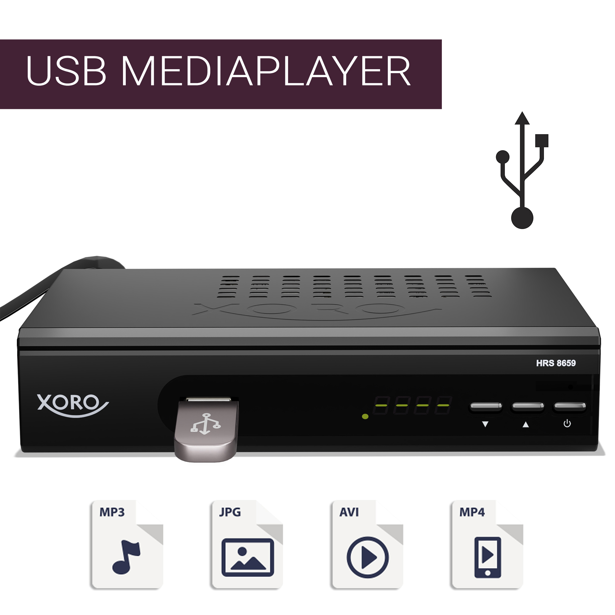 Schwarzer USB-Mediaplayer mit Symbolen für MP3, JPG, AVI, MP4. Weißer Hintergrund.