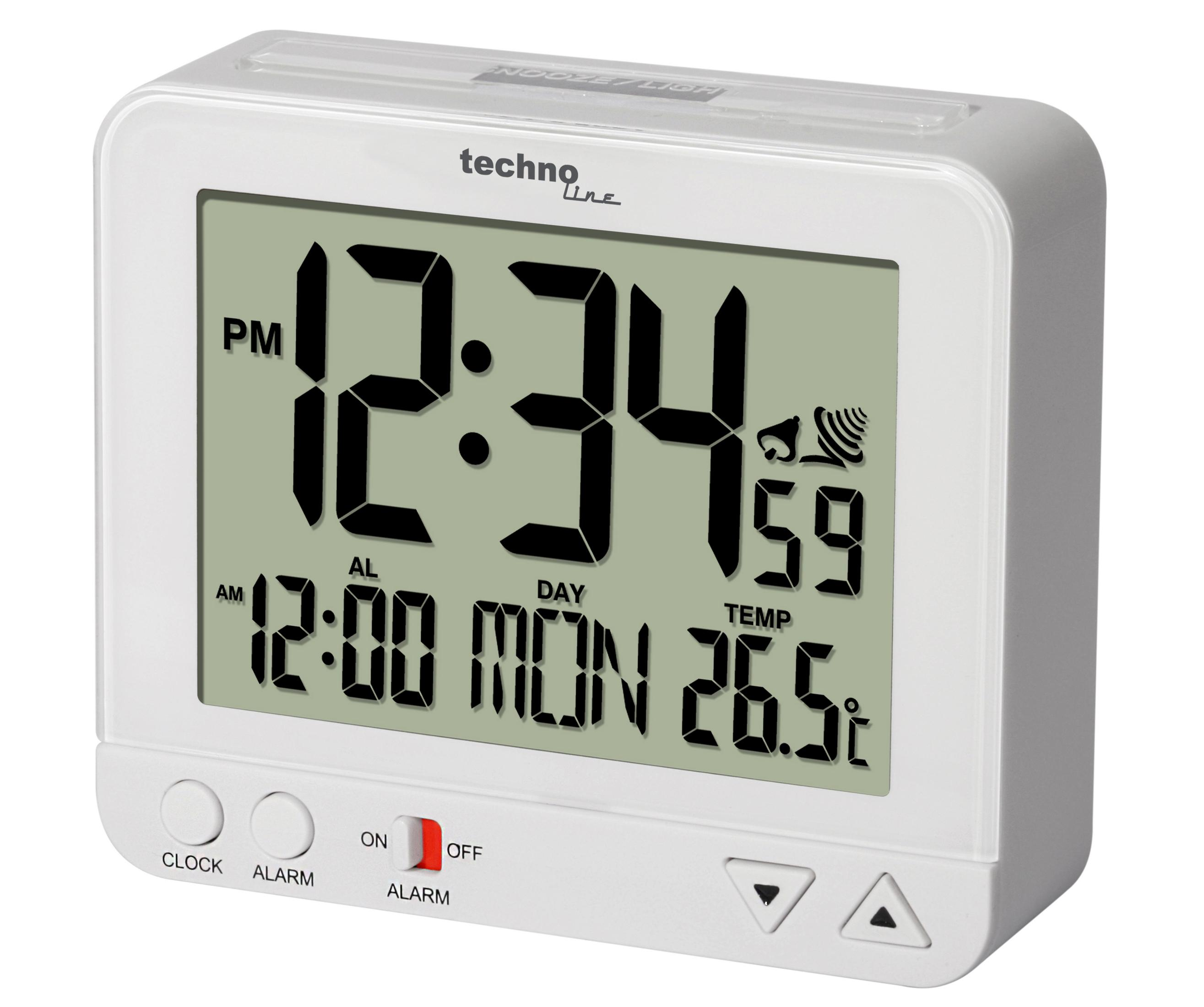 Ein weißer digitaler Wecker mit Anzeige von Uhrzeit, Tag, Temperatur und Alarmeinstellungen.