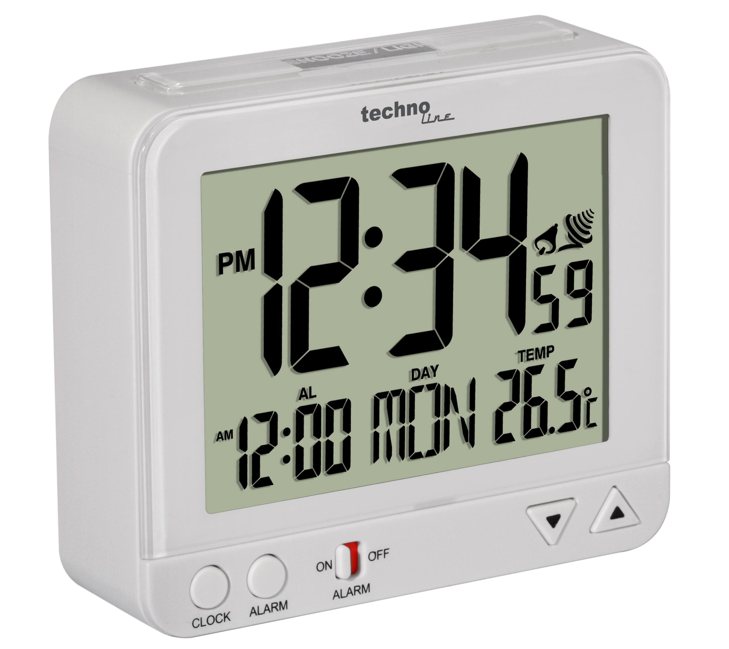 Ein weißer digitaler Wecker mit der Anzeige 12:34 PM, Tag, Datum und Temperatur.
