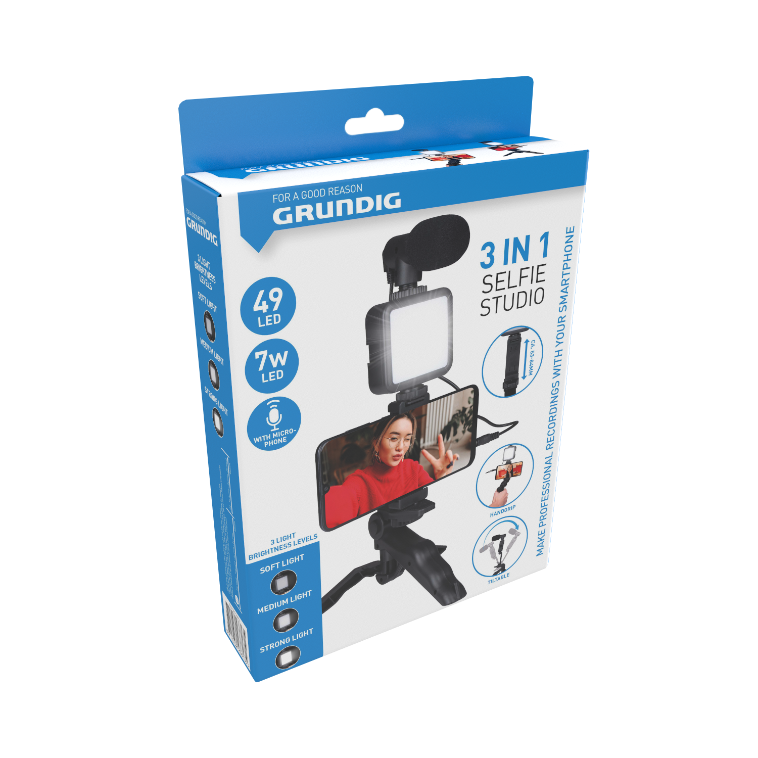 A white and blue box shows a selfie studio kit with a light, microphone, and phone holder.