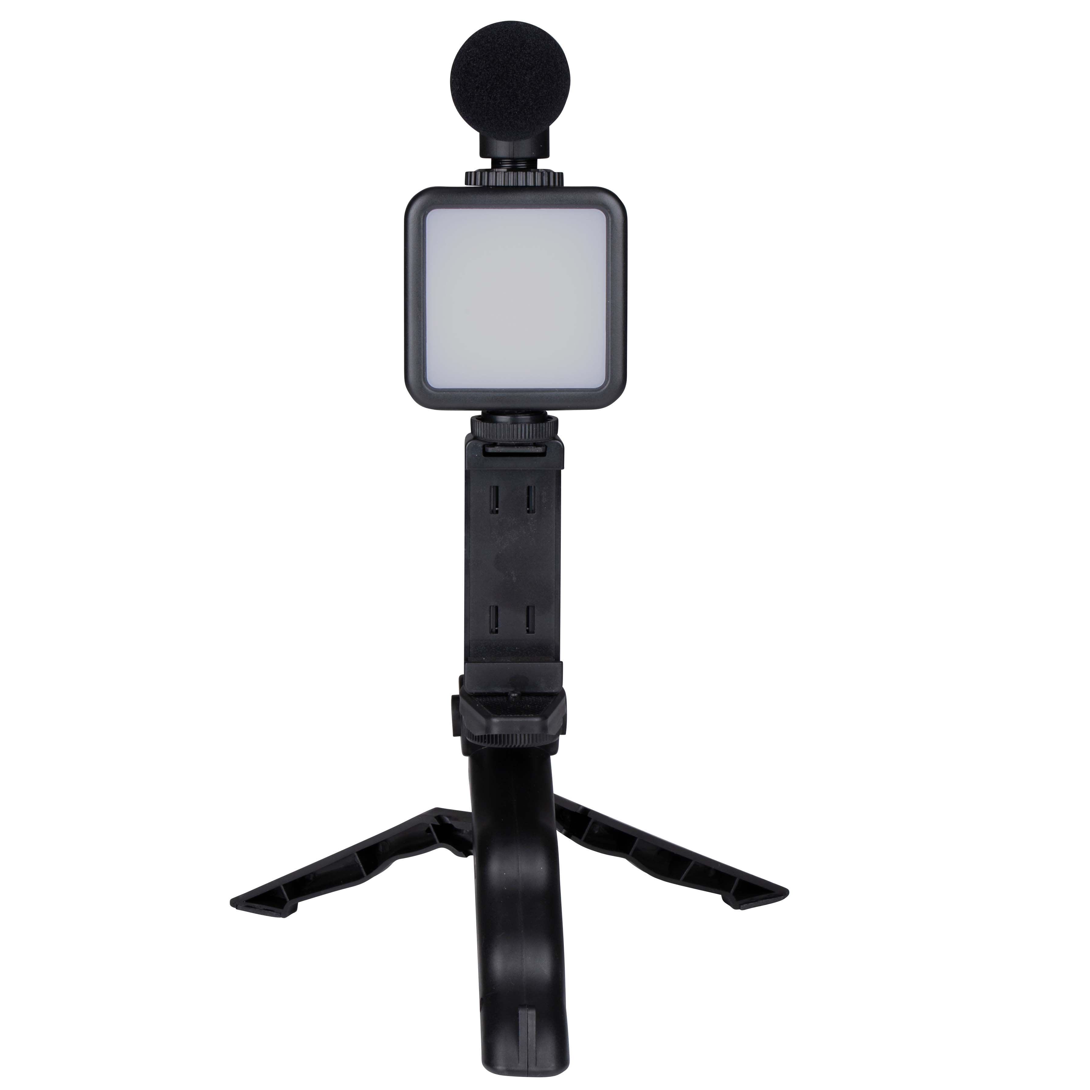 Black video light with a microphone attached to a tripod. The light has a screen.