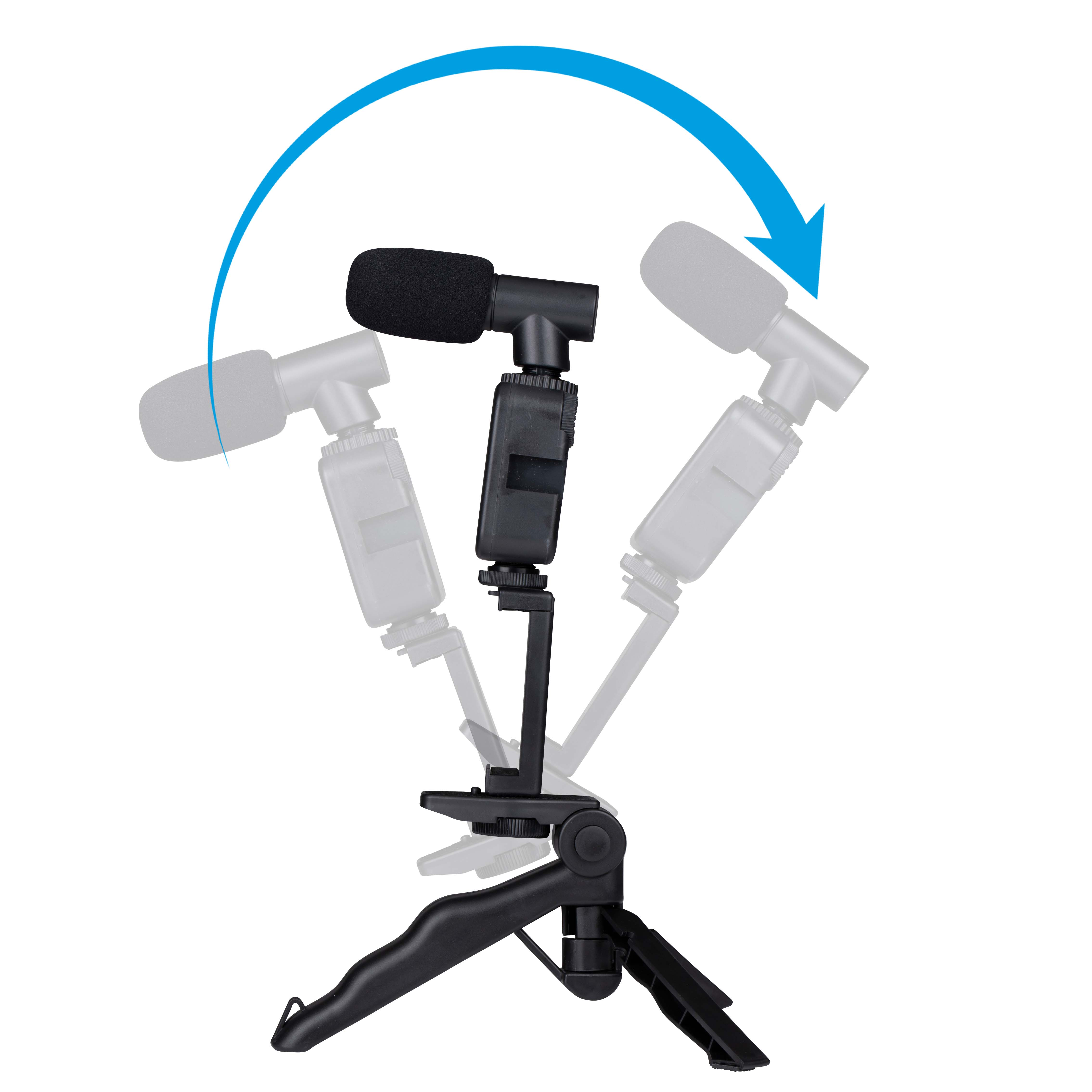 A microphone on a mini tripod, with an arrow showing its adjustable angle.