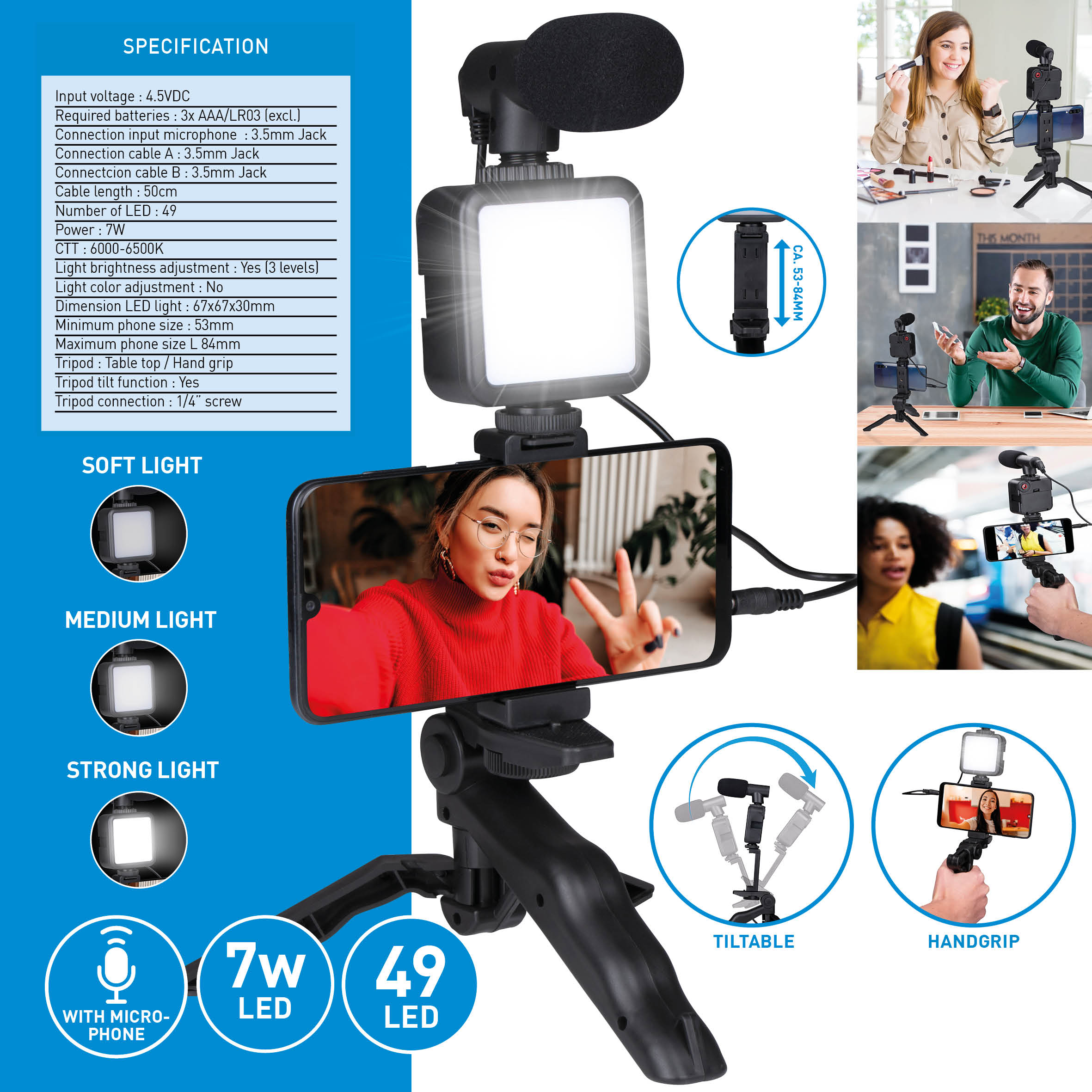 Product detail of a smartphone video recording kit with a microphone and light. Various example recordings.
